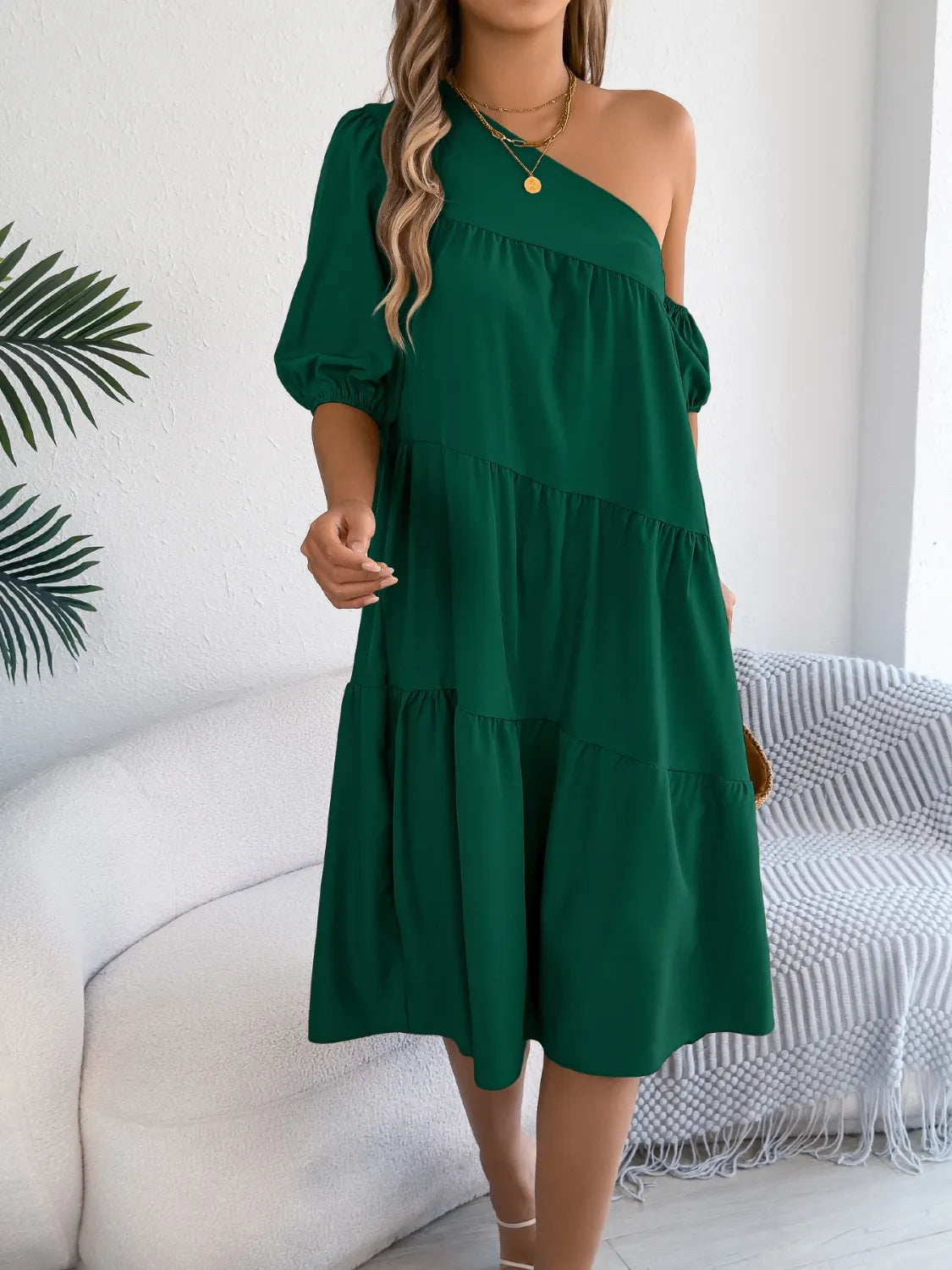 Asymmetrical Single-Shoulder Tiered Dress