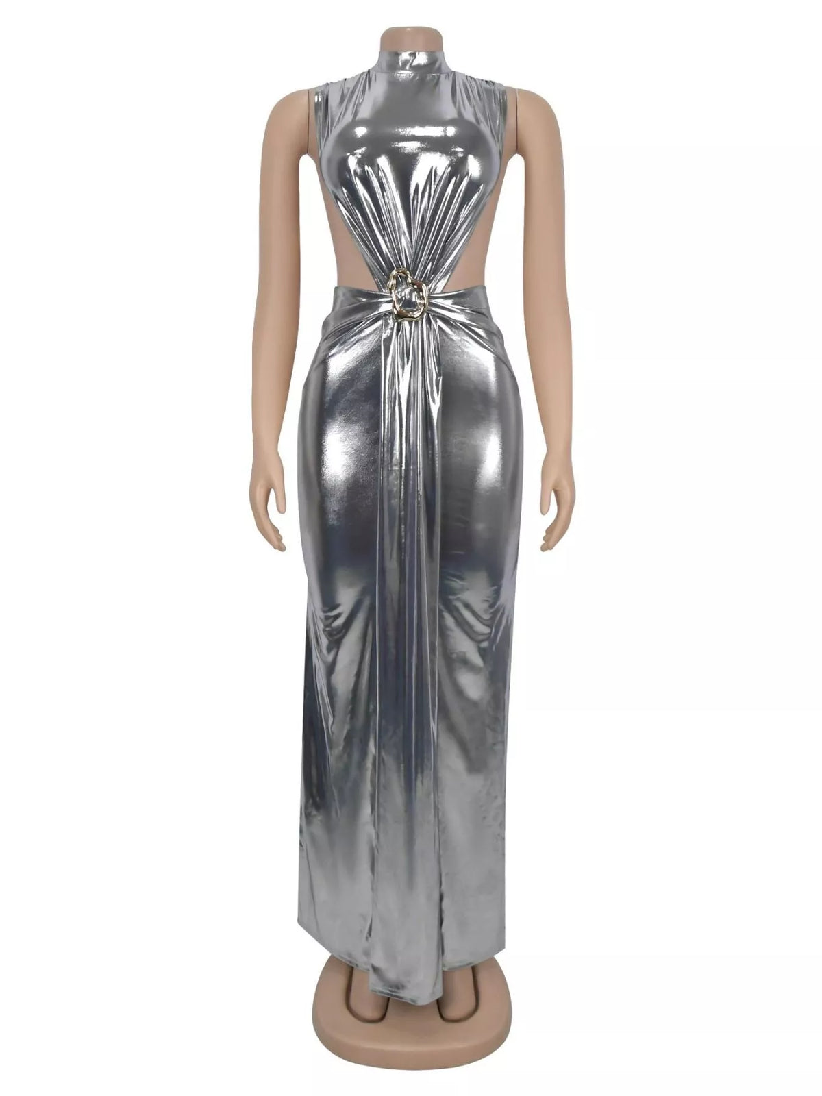Mock Neck Ruched Cut-Out Maxi Dress