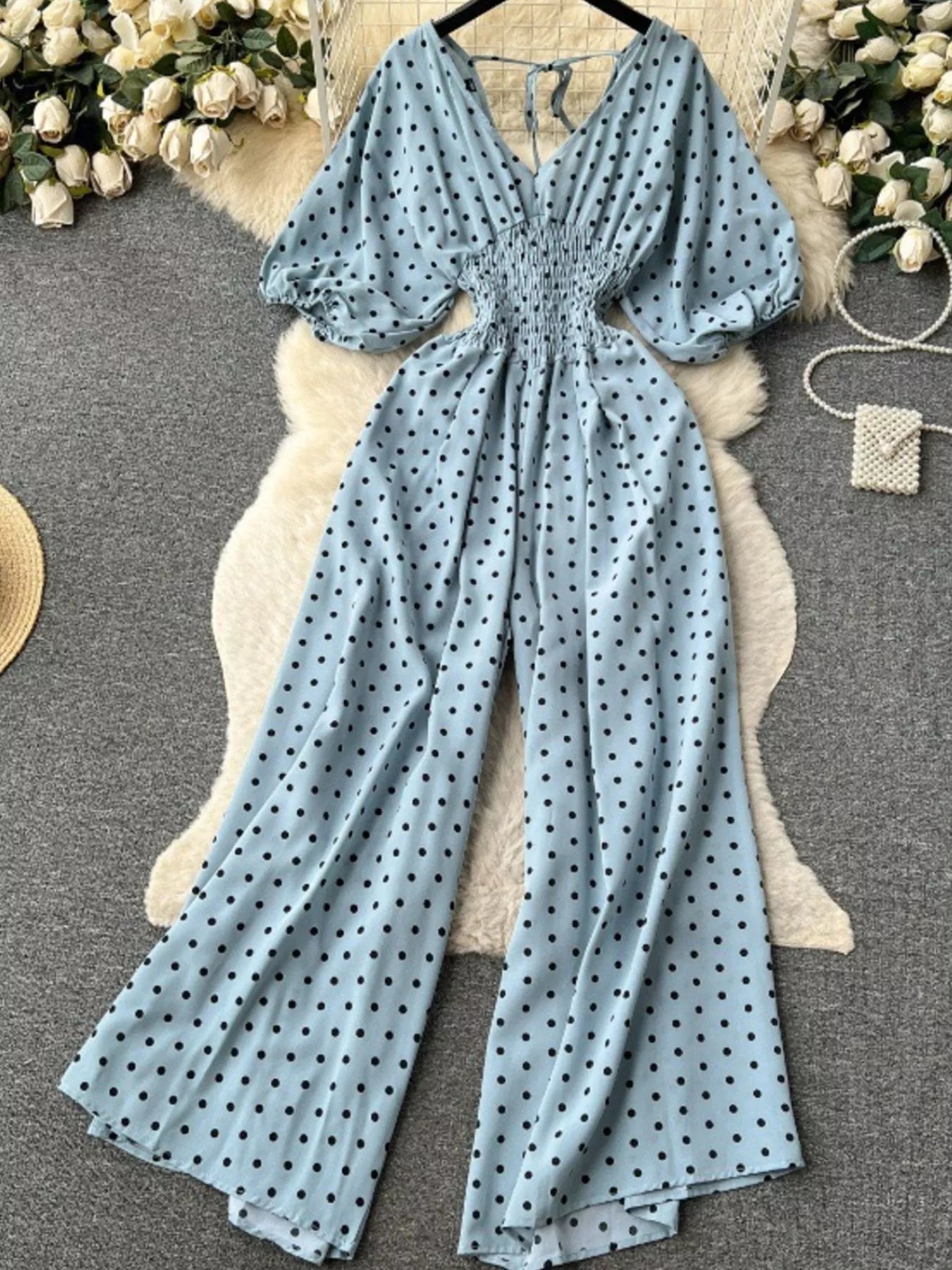 Smocked V-Neck Wide Leg Jumpsuit