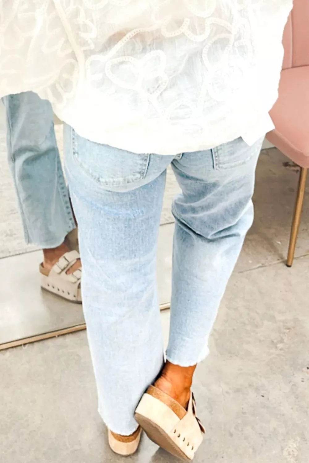 Sequin Patch Pocket Ankle Jeans in Light Blue
