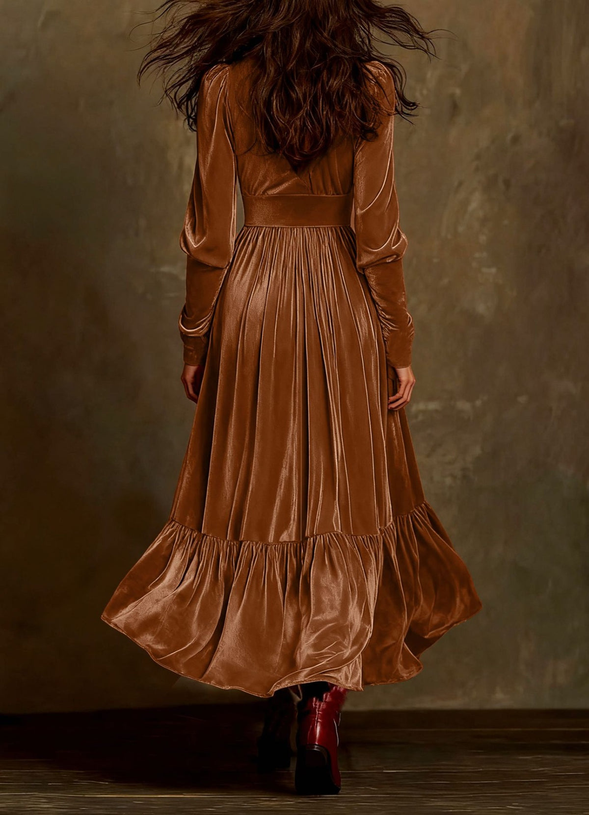 Velvet V-Neck Ruffled Dress in Brown