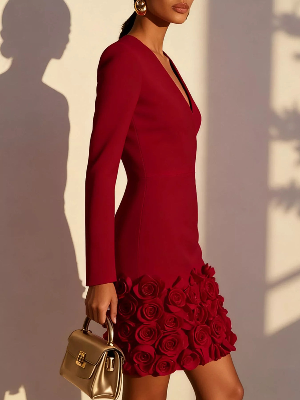 V-Neck Rose Embellished Dress