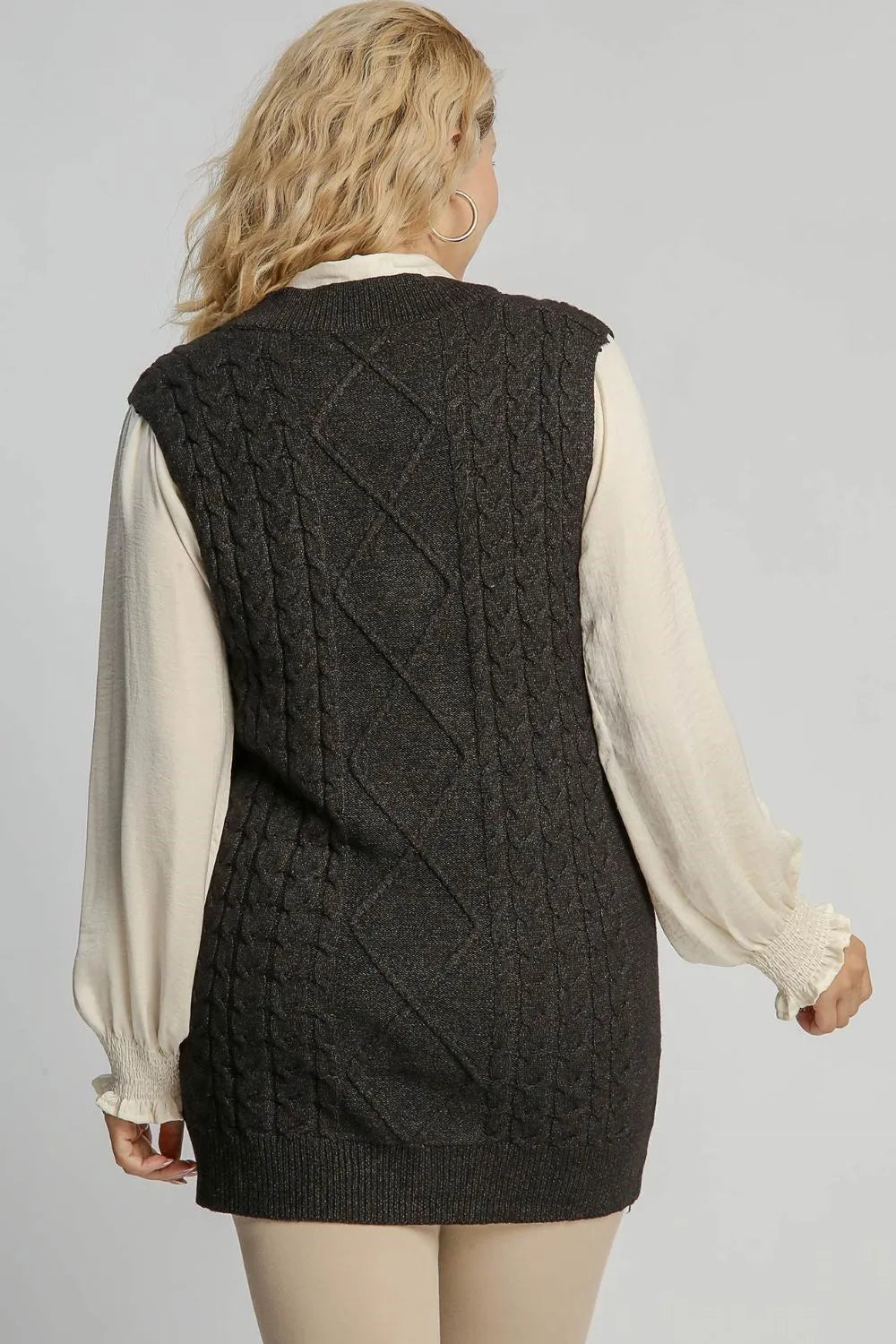 Umgee Cable Knit V-Neck Sweater Vest in Black