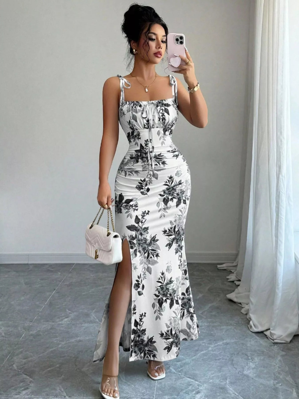 Printed Tie Strap Maxi Dress with Slit