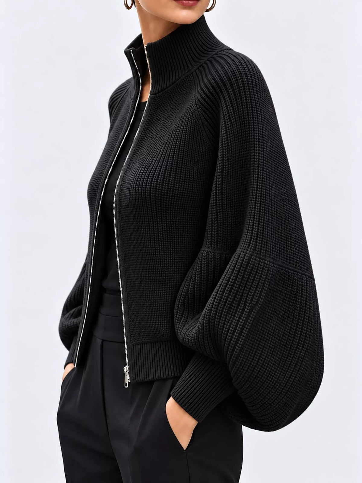 Ribbed Knit Zip-Up Cardigan with Lantern Sleeves
