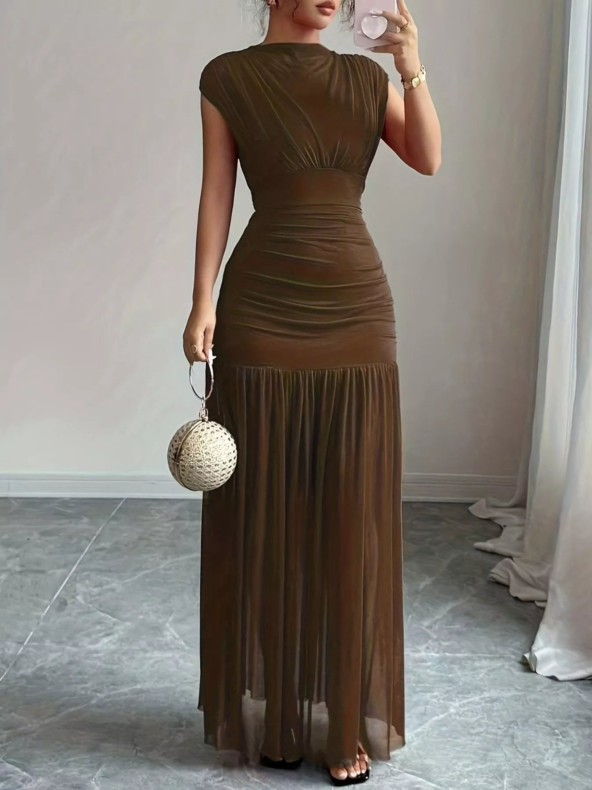 Ruched Bodycon Maxi Dress in Brown