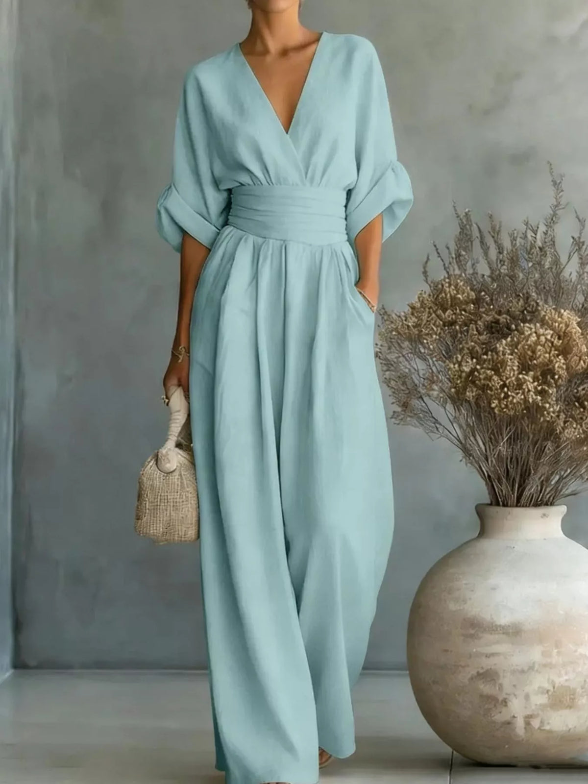 Ruched Half Sleeve Wide-Leg Jumpsuit