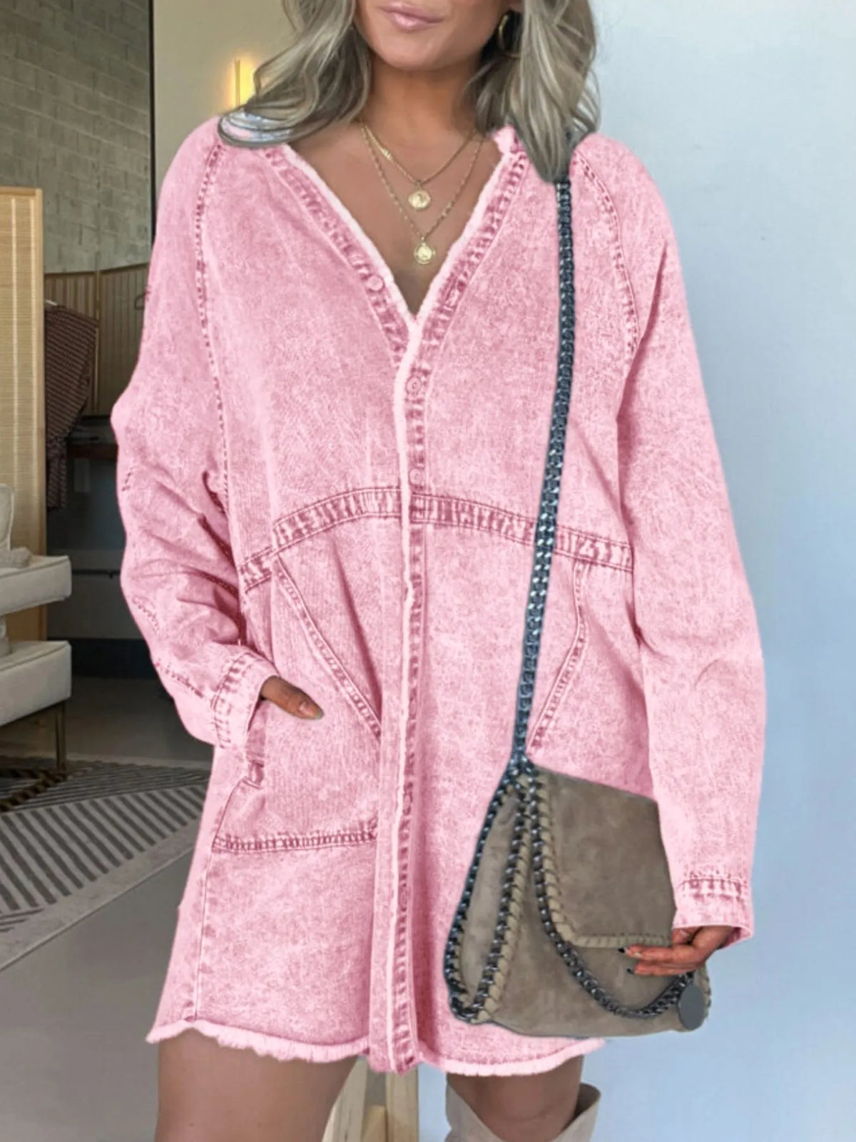 Oversized Button-Front Denim Shirt Dress