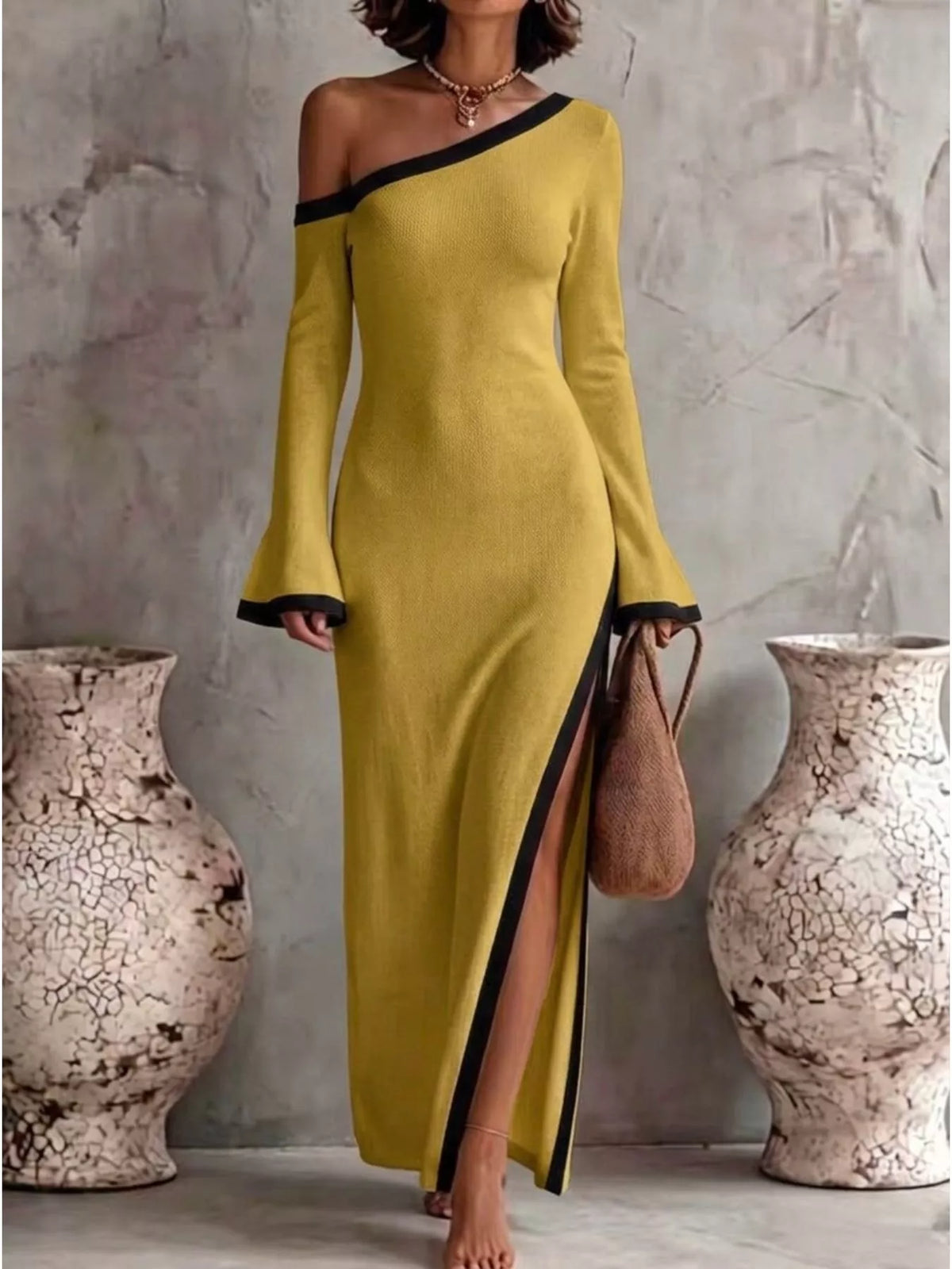 One-Shoulder Contrast Trim Maxi Dress