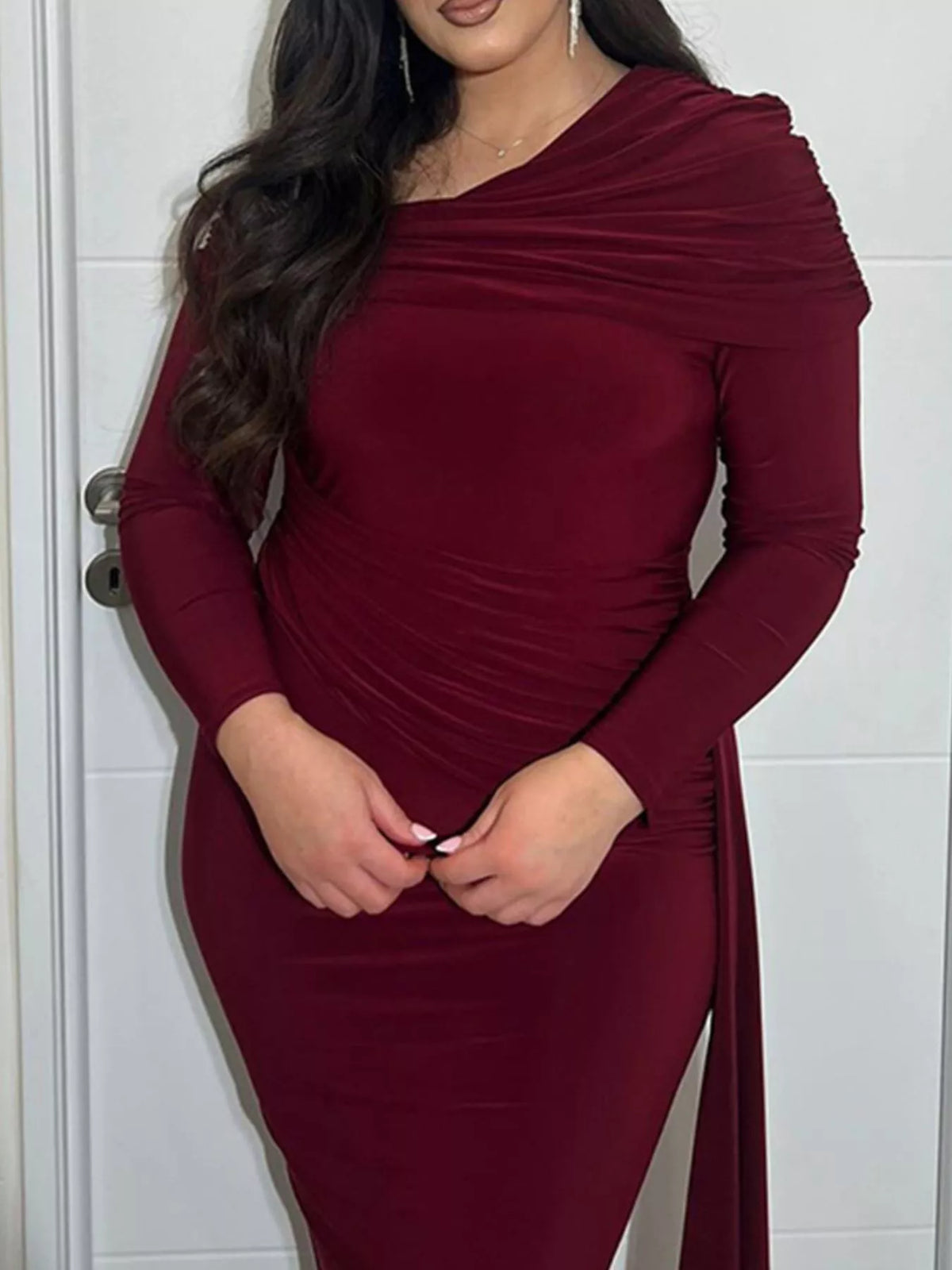 One-Shoulder Ruched Maxi Dress in Wine Red
