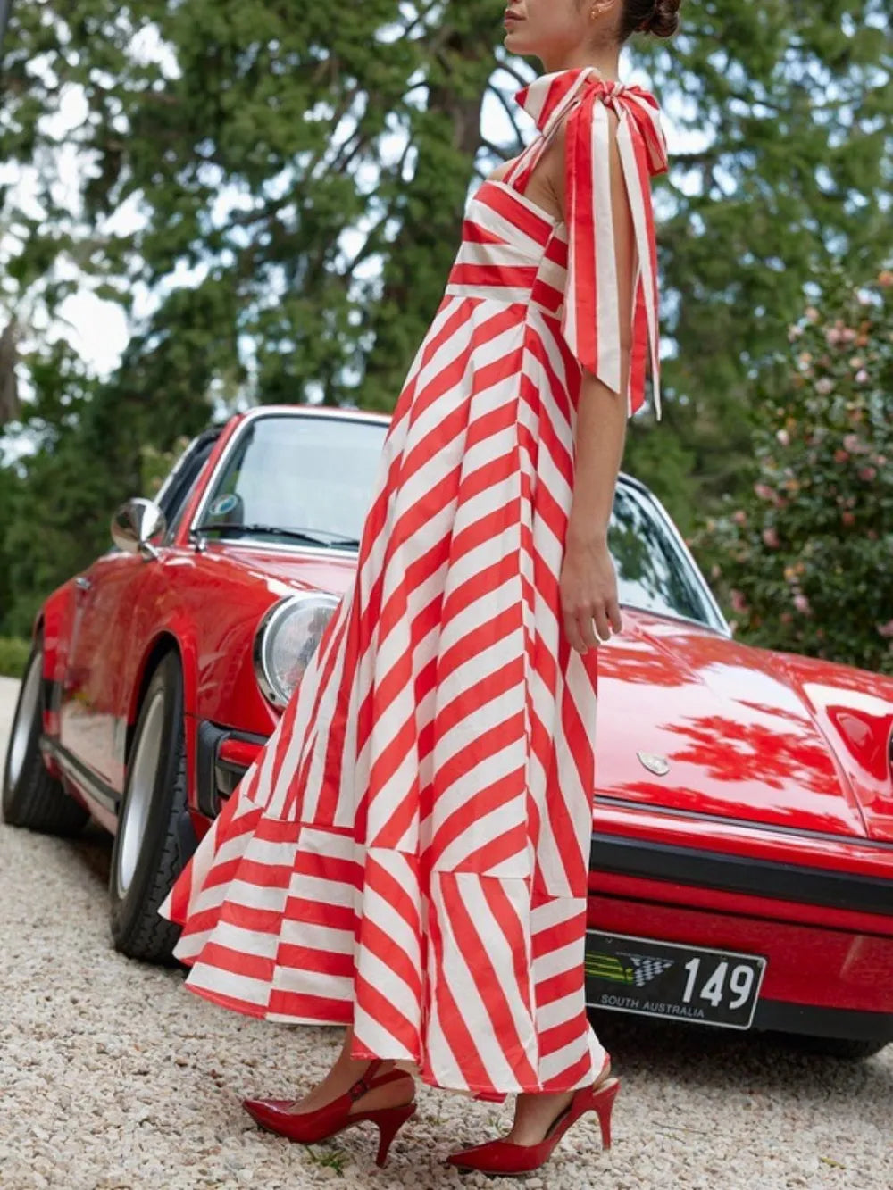 Striped Square Neck Wide Strap Dress in Red