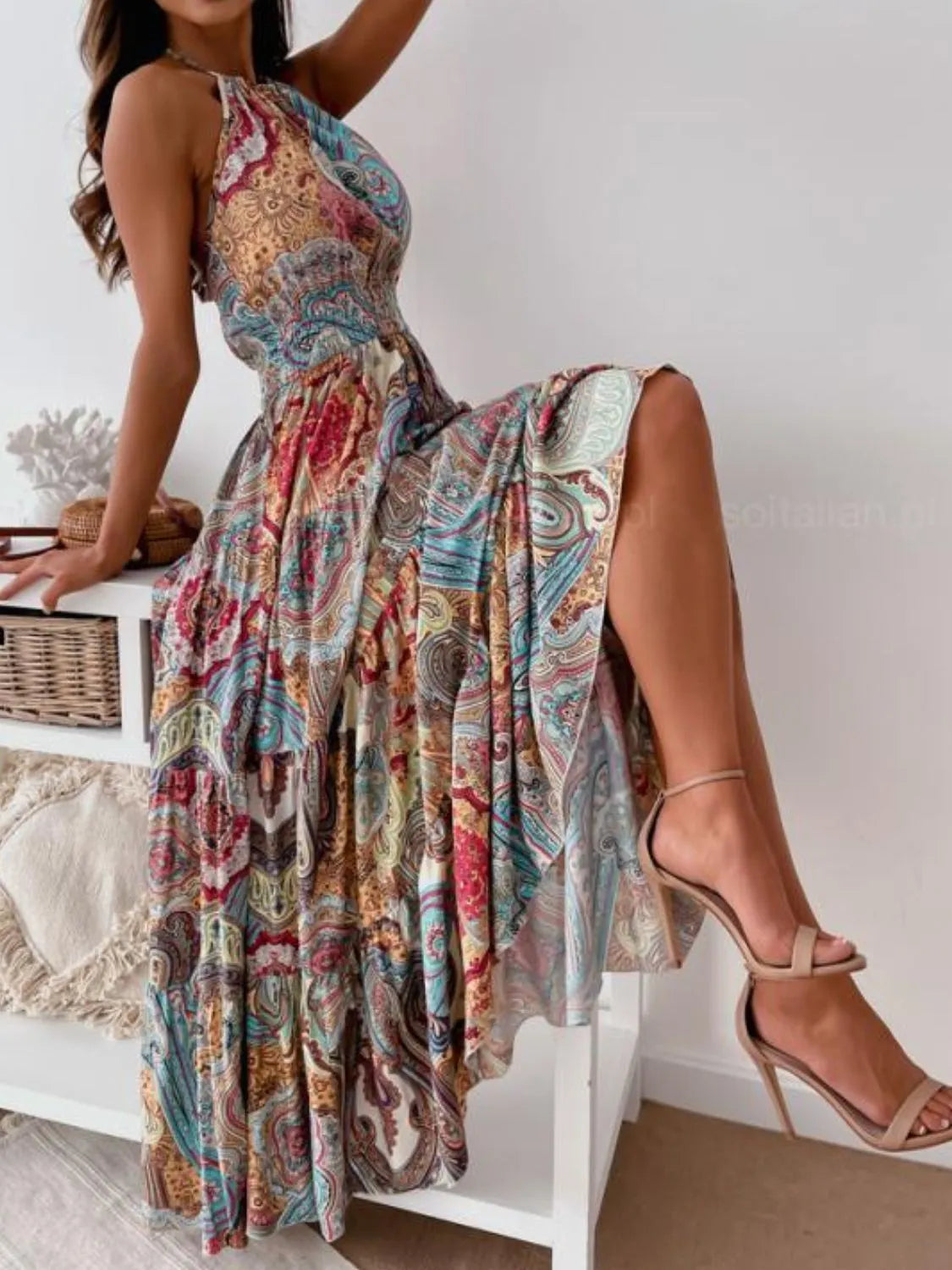 Halter Neck Tiered Maxi Dress in Red Flower