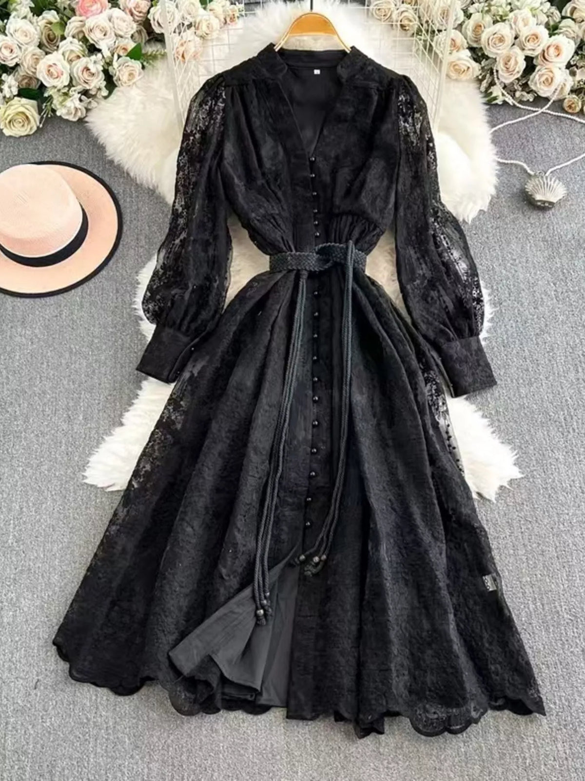 Lace Tie-Waist Long Sleeve Dress
