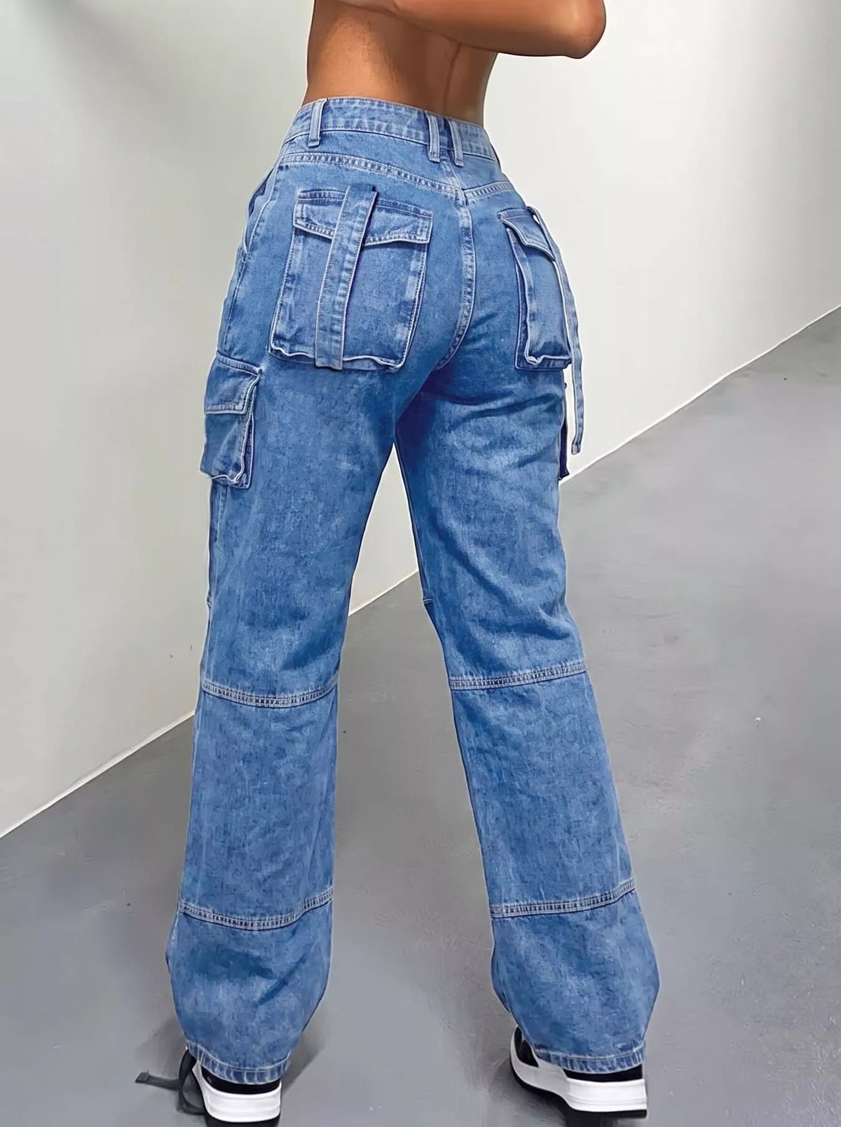 High-Waisted Distressed Cargo Jeans in Dark Blue