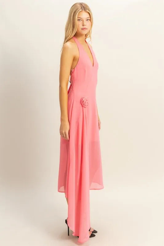 Hyfve Chiffon Halter Asymmetrical Hem Dress in Rose