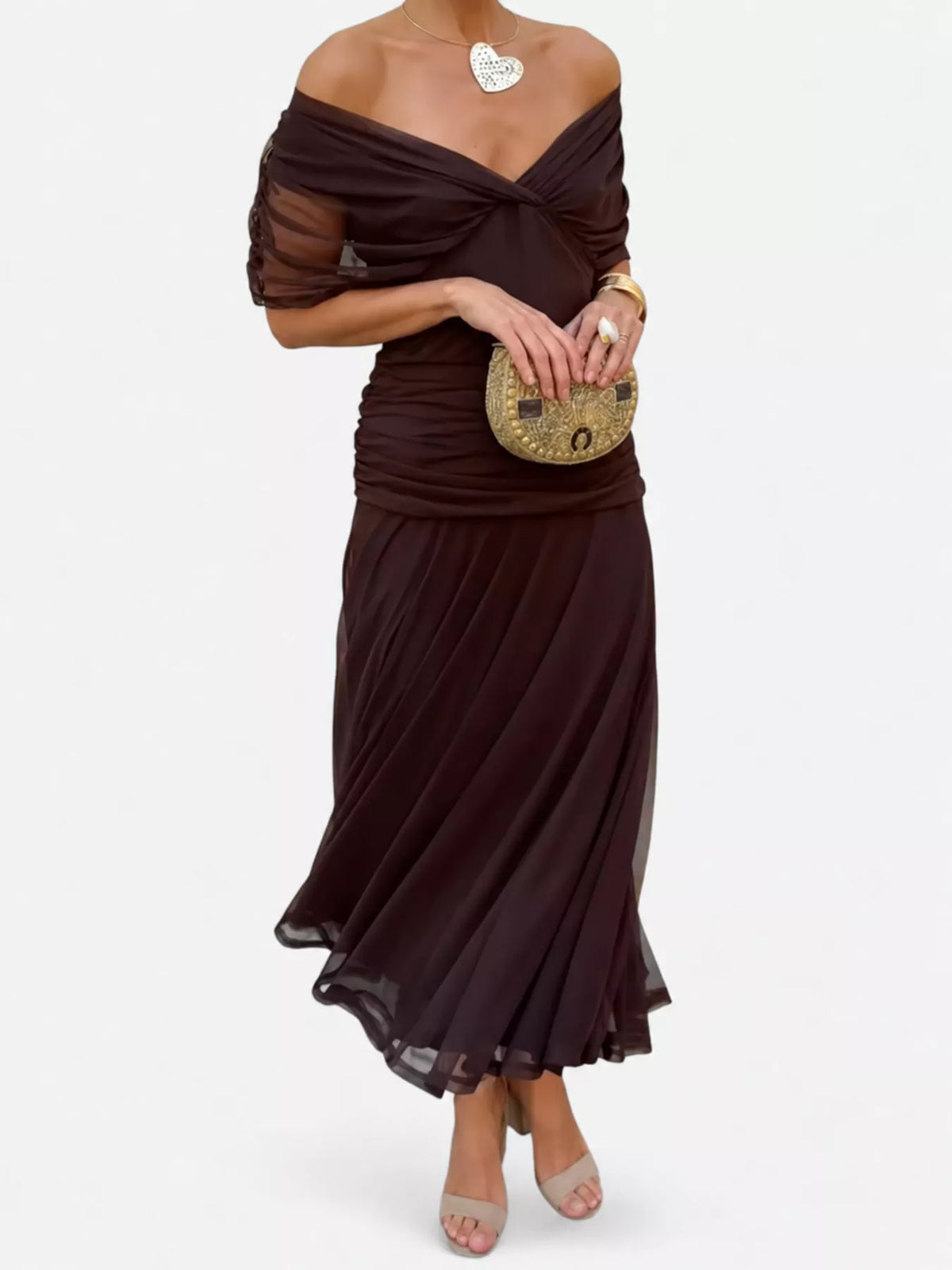 Off-Shoulder Mesh Ruched Maxi Dress, Plus Size