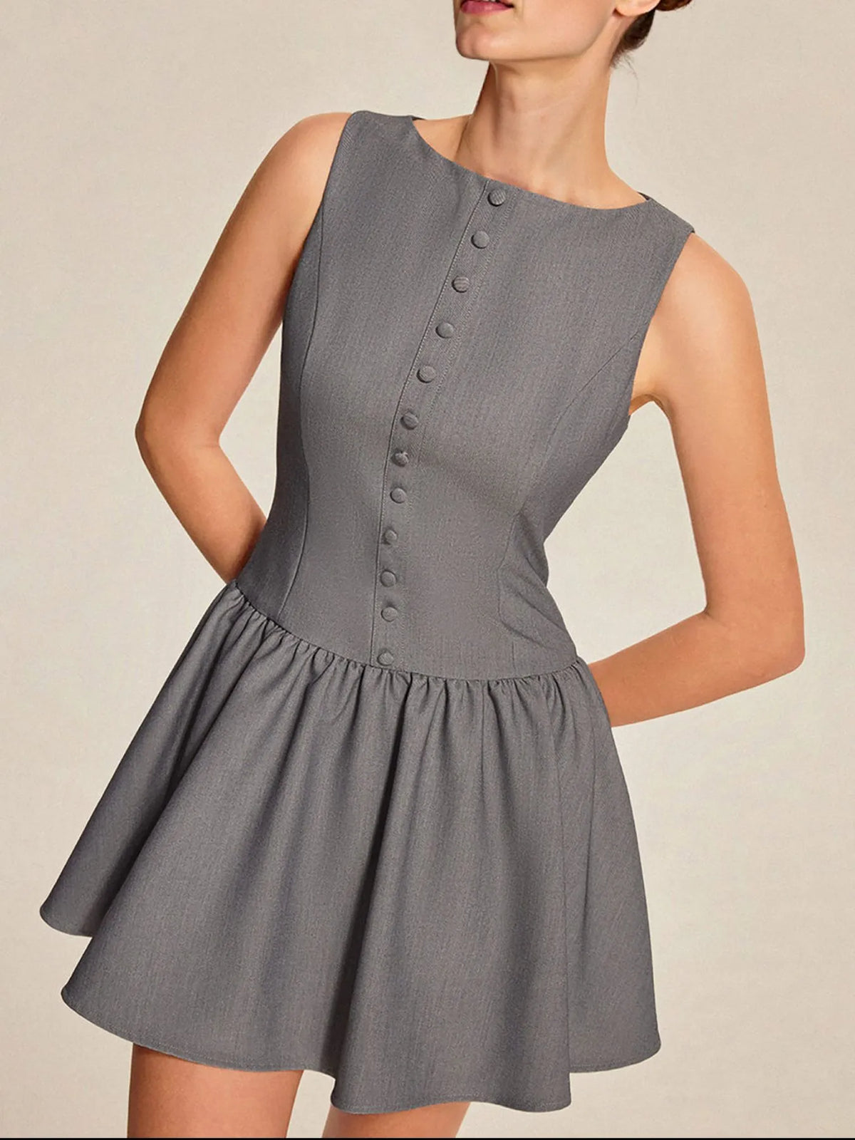 Round-Neck Sleeveless Ruffled Mini Dress in Gray