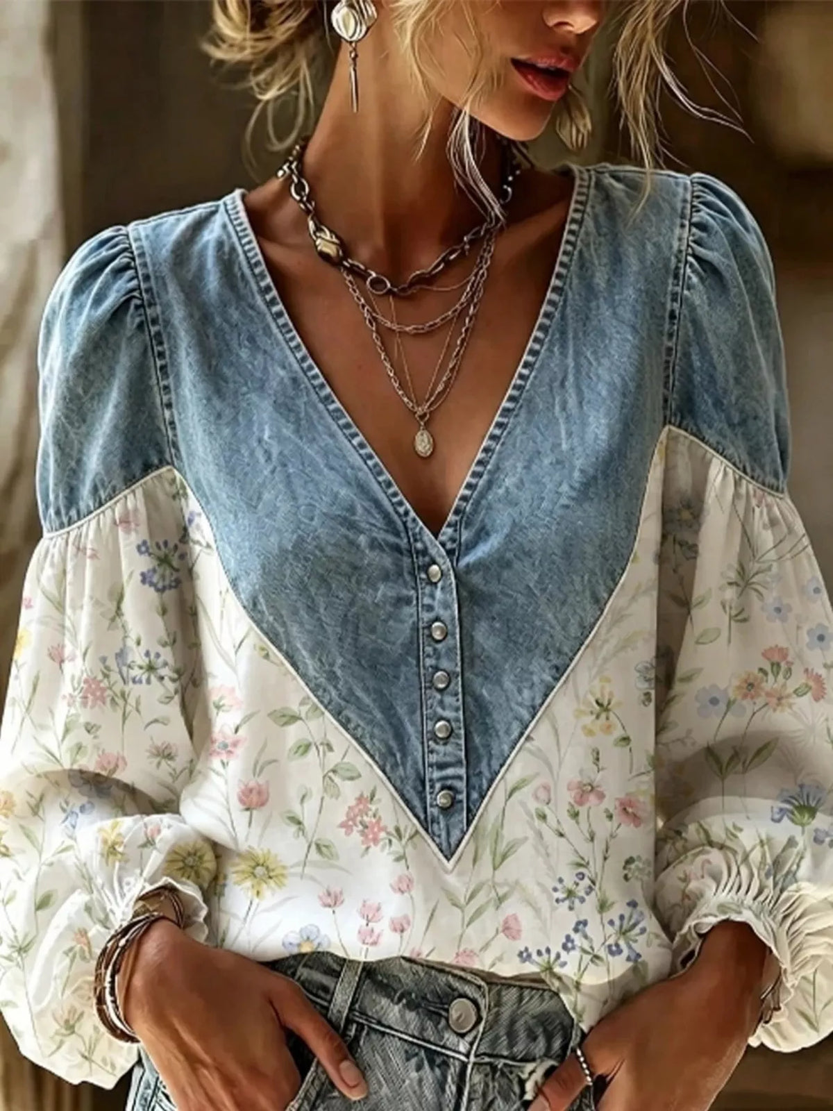 Denim Patchwork Floral Button-Up Top
