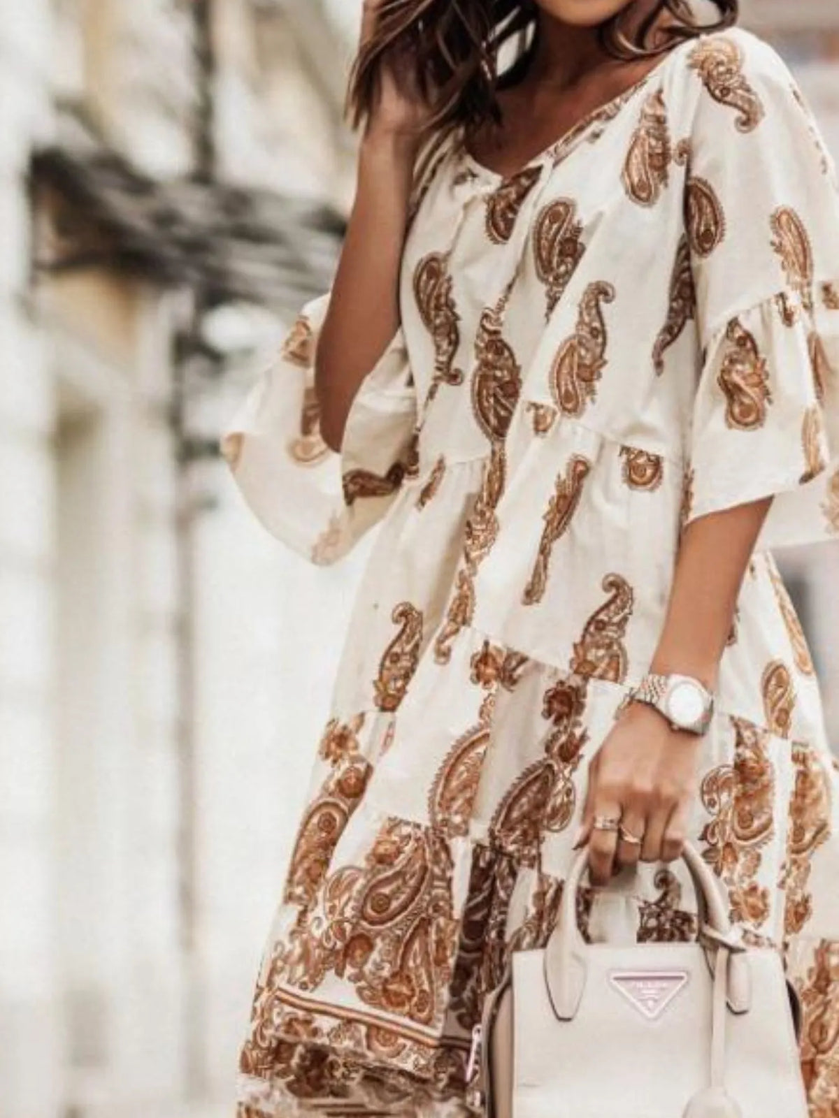 Paisley Tie-Neck Ruffled Half Sleeve Mini Dress