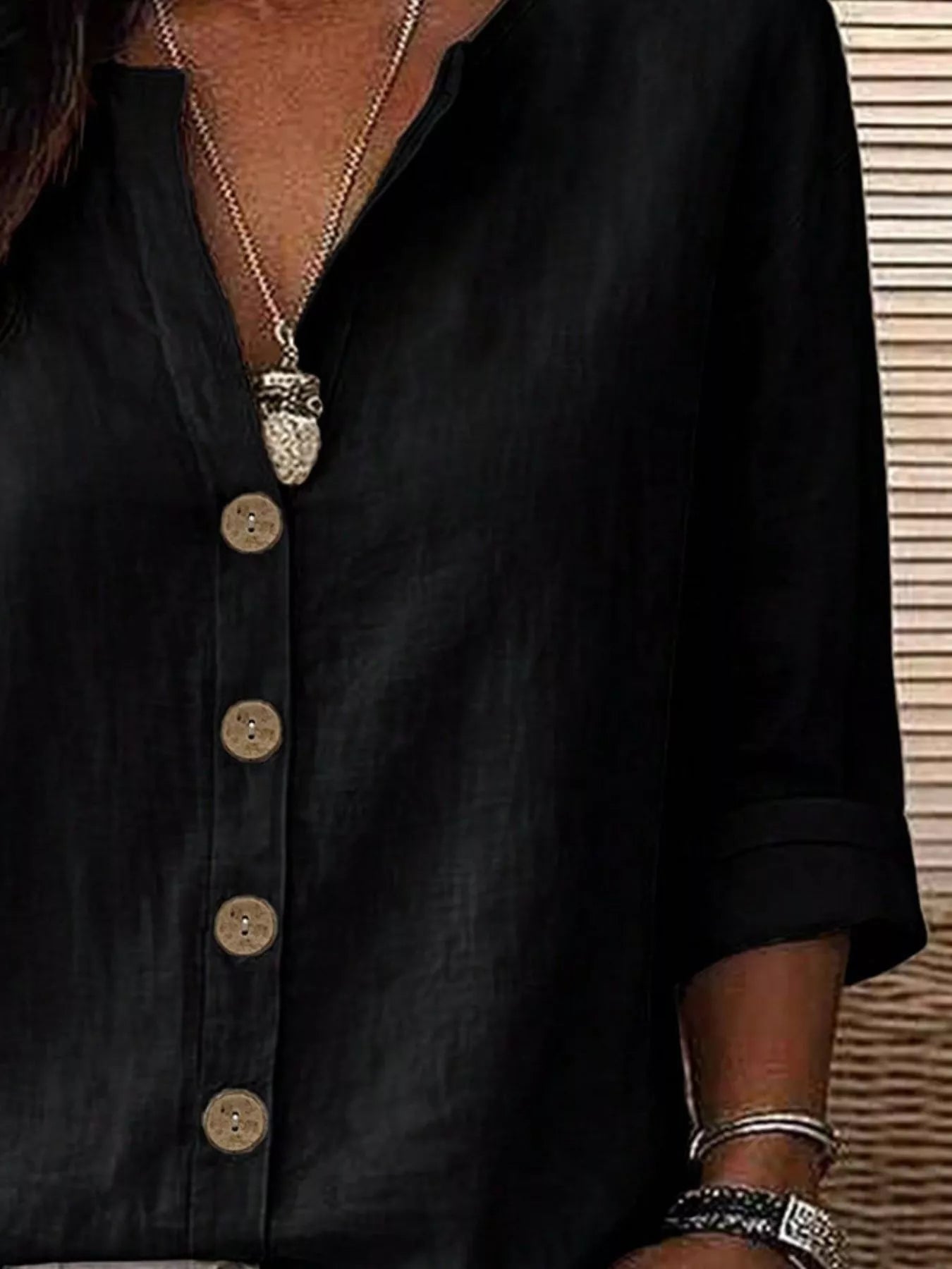 V-Neck Button-Up Long Sleeve Shirt