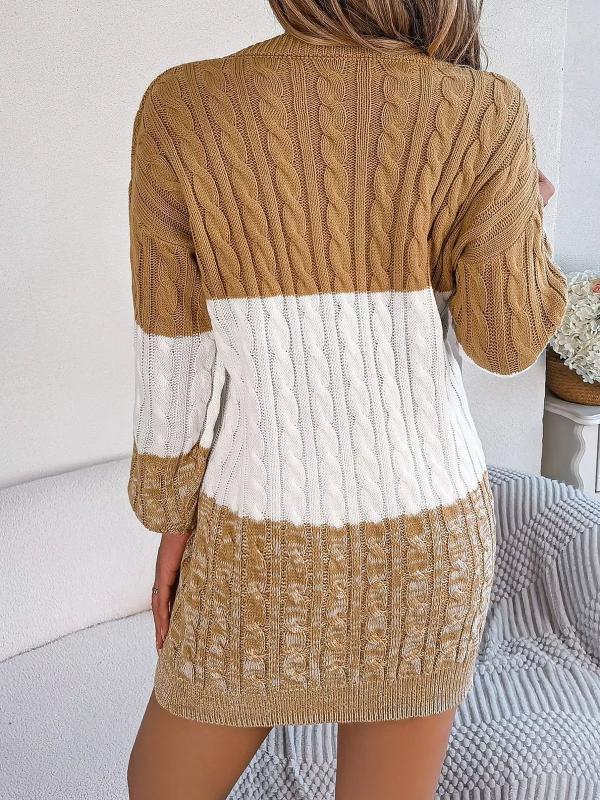 Color Block Cable Knit Sweater Dress