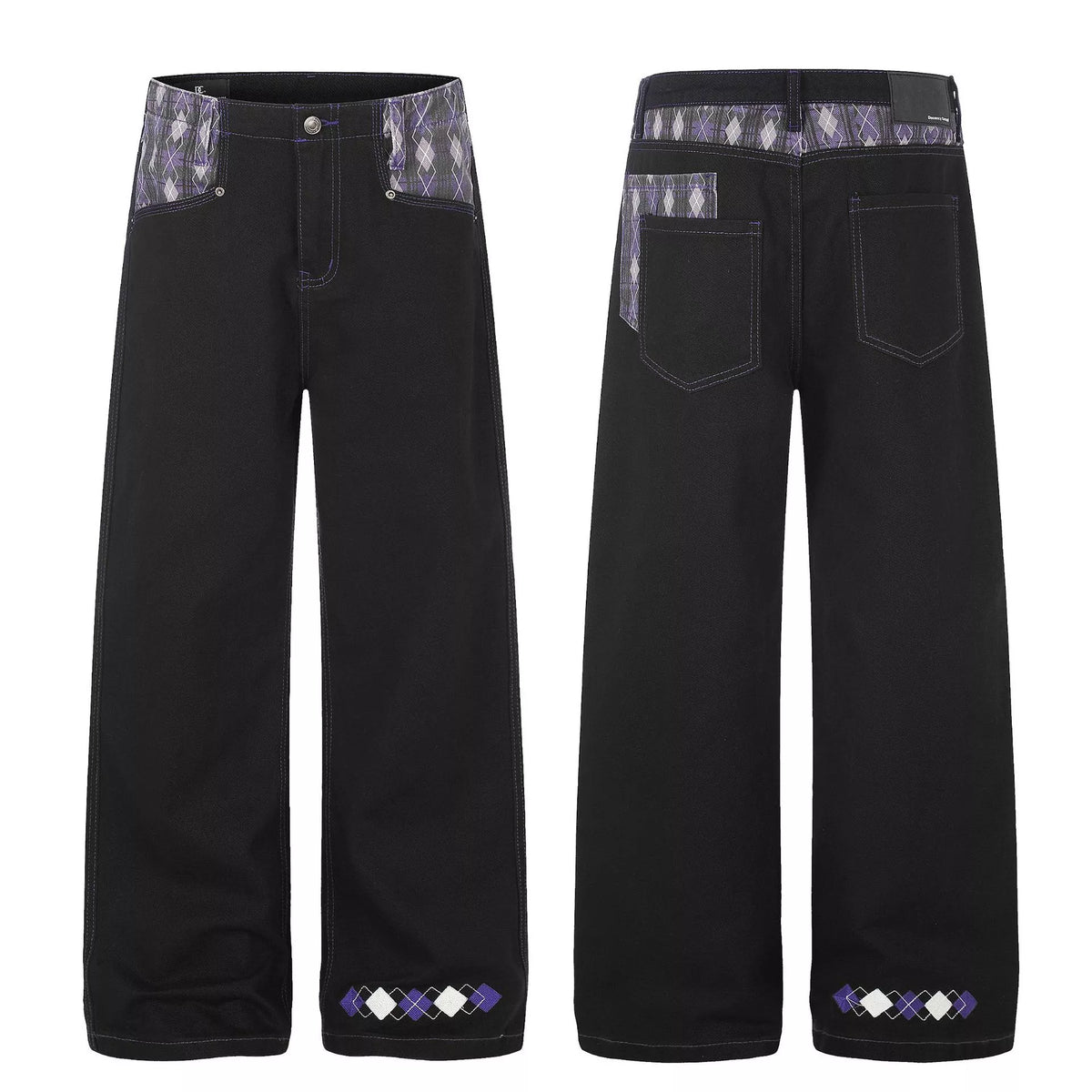 High-Waisted Wide-Leg Jeans with Argyle Accents in Black by TrendMaster