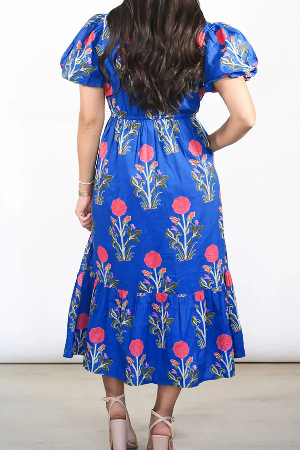 Floral Notched Puff Sleeve Dress in Royal Blue