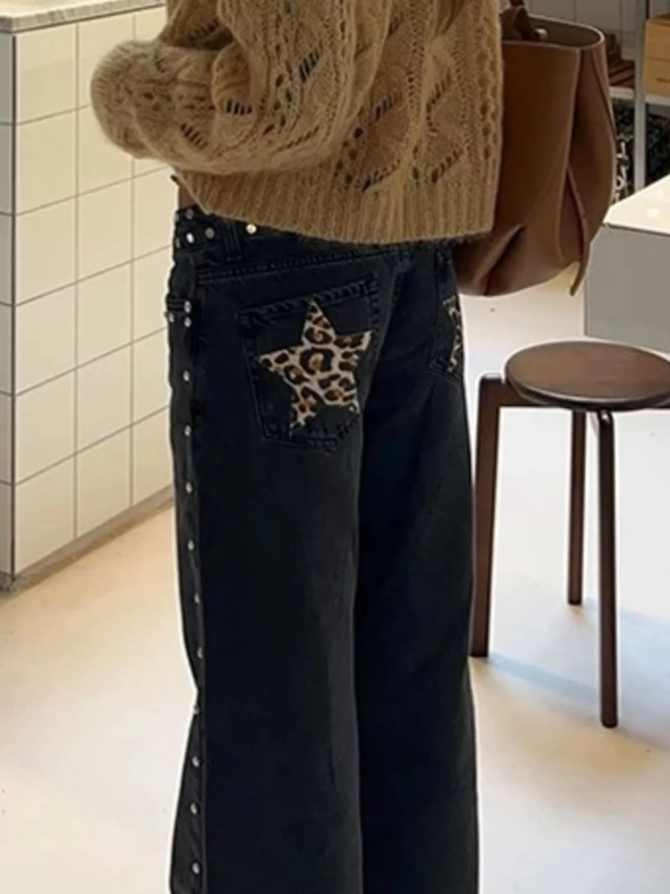 Leopard Star Patch Wide Leg Jeans
