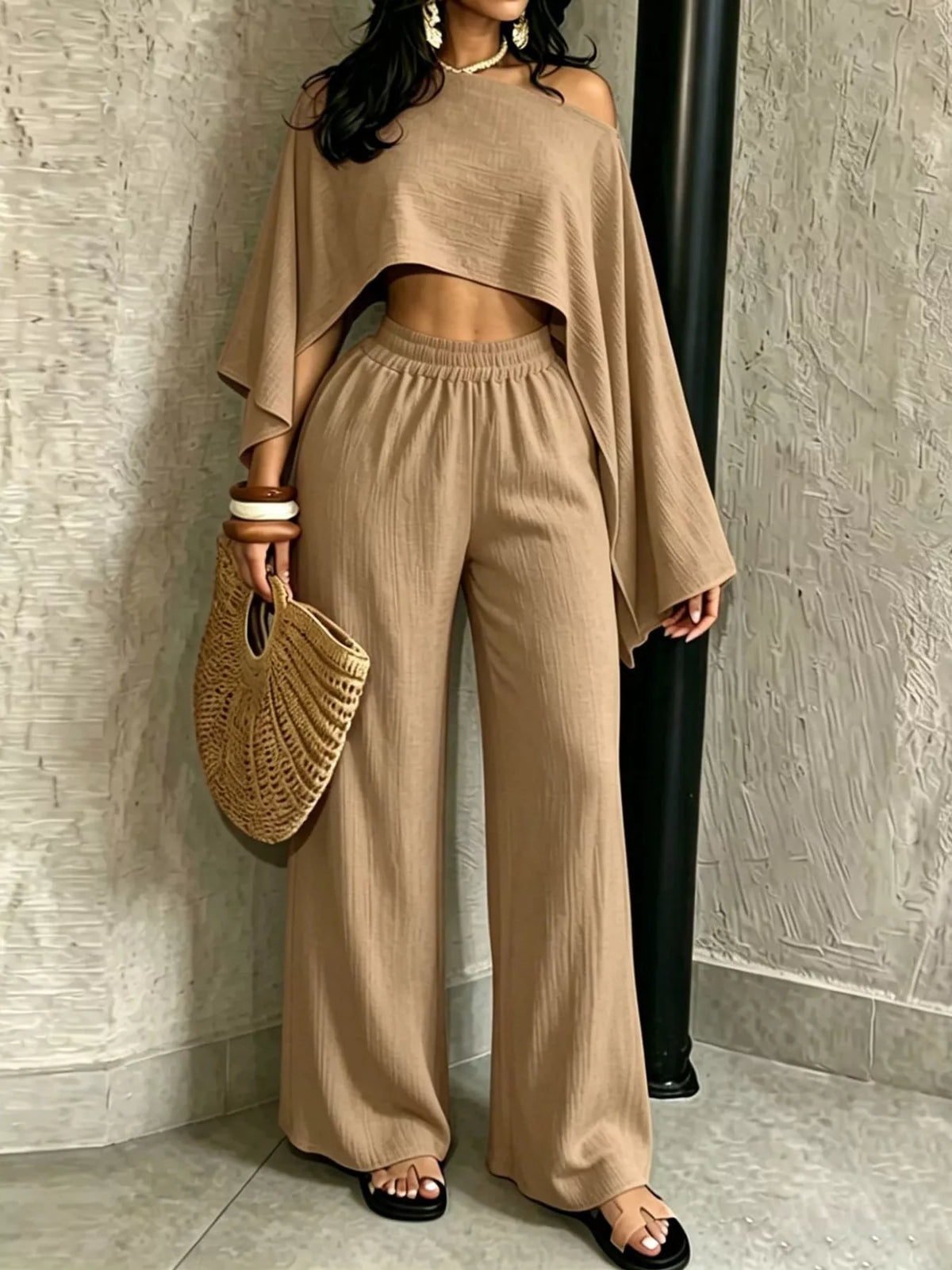 Boat Neck Crop Top and Wide-Leg Pants Set