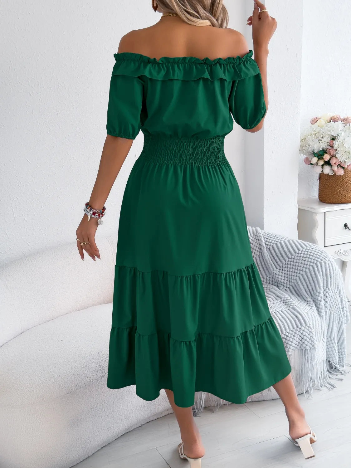 Smocked Off-Shoulder Tiered Dress