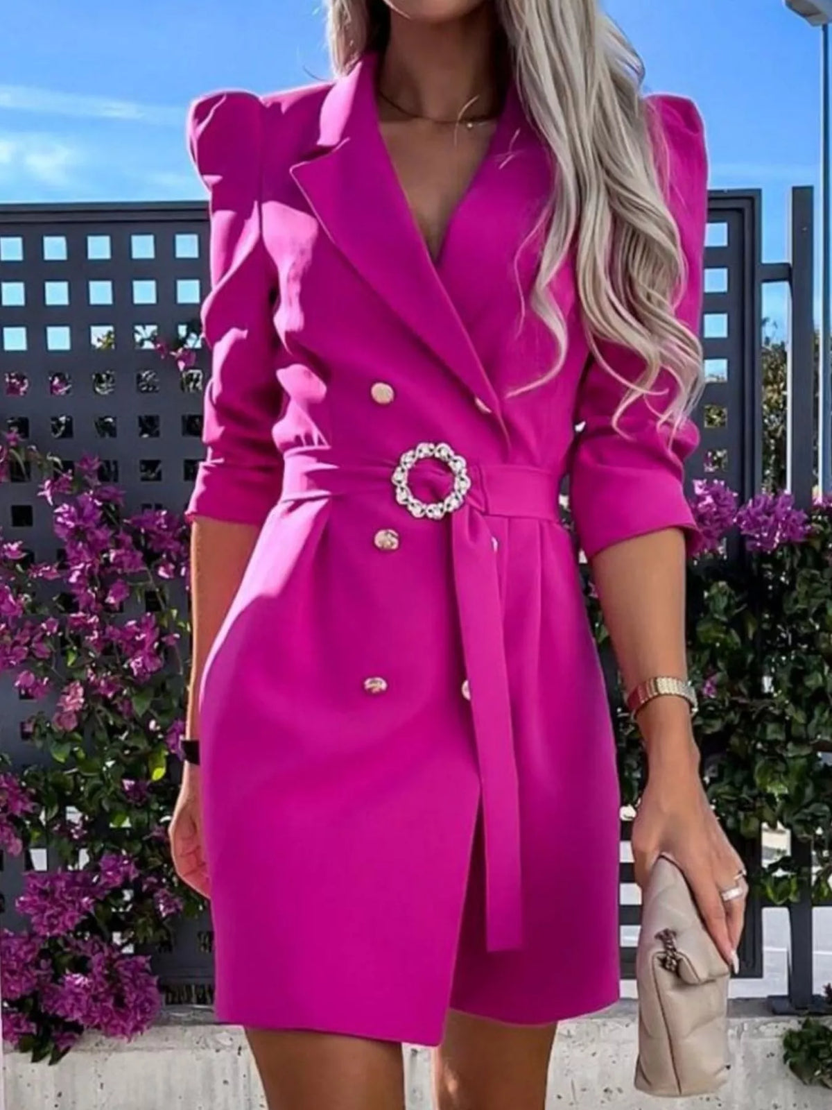 3/4-Sleeve Belted Blazer Dress