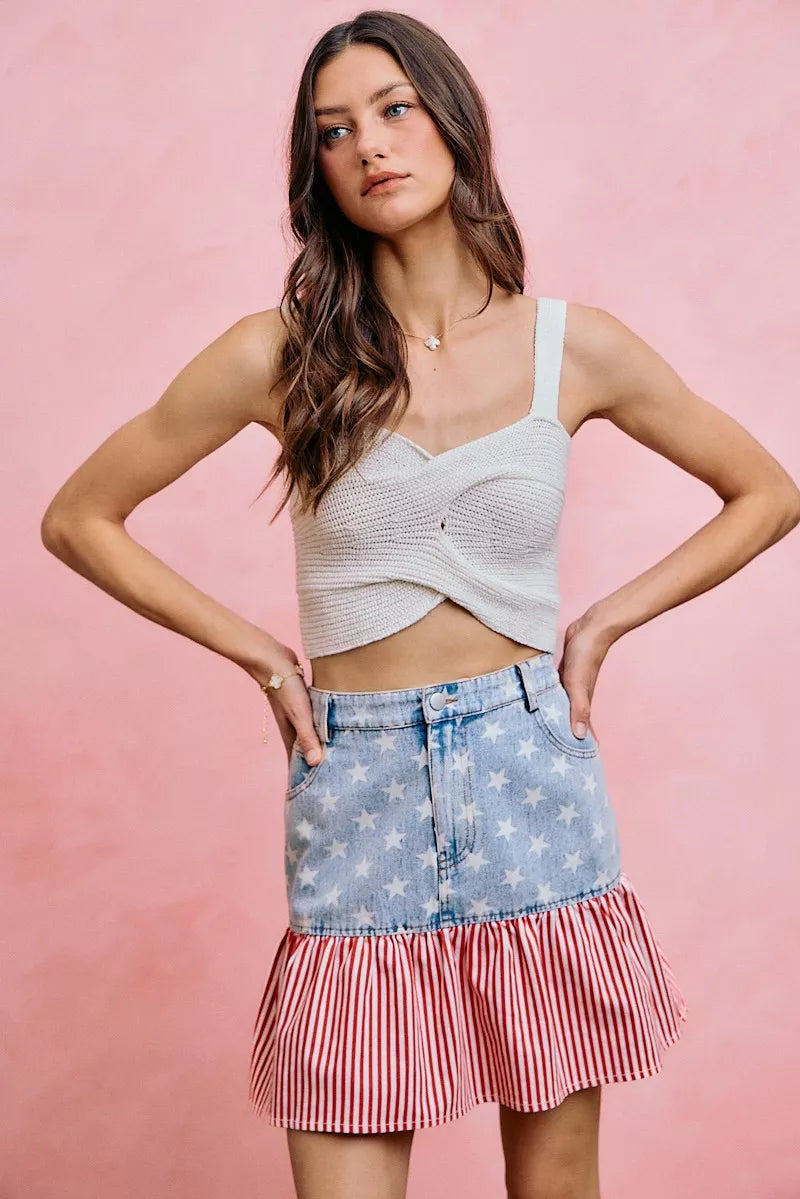 So Me Stars and Stripes Denim Mini Skirt in Blue and Red in Blue/red
