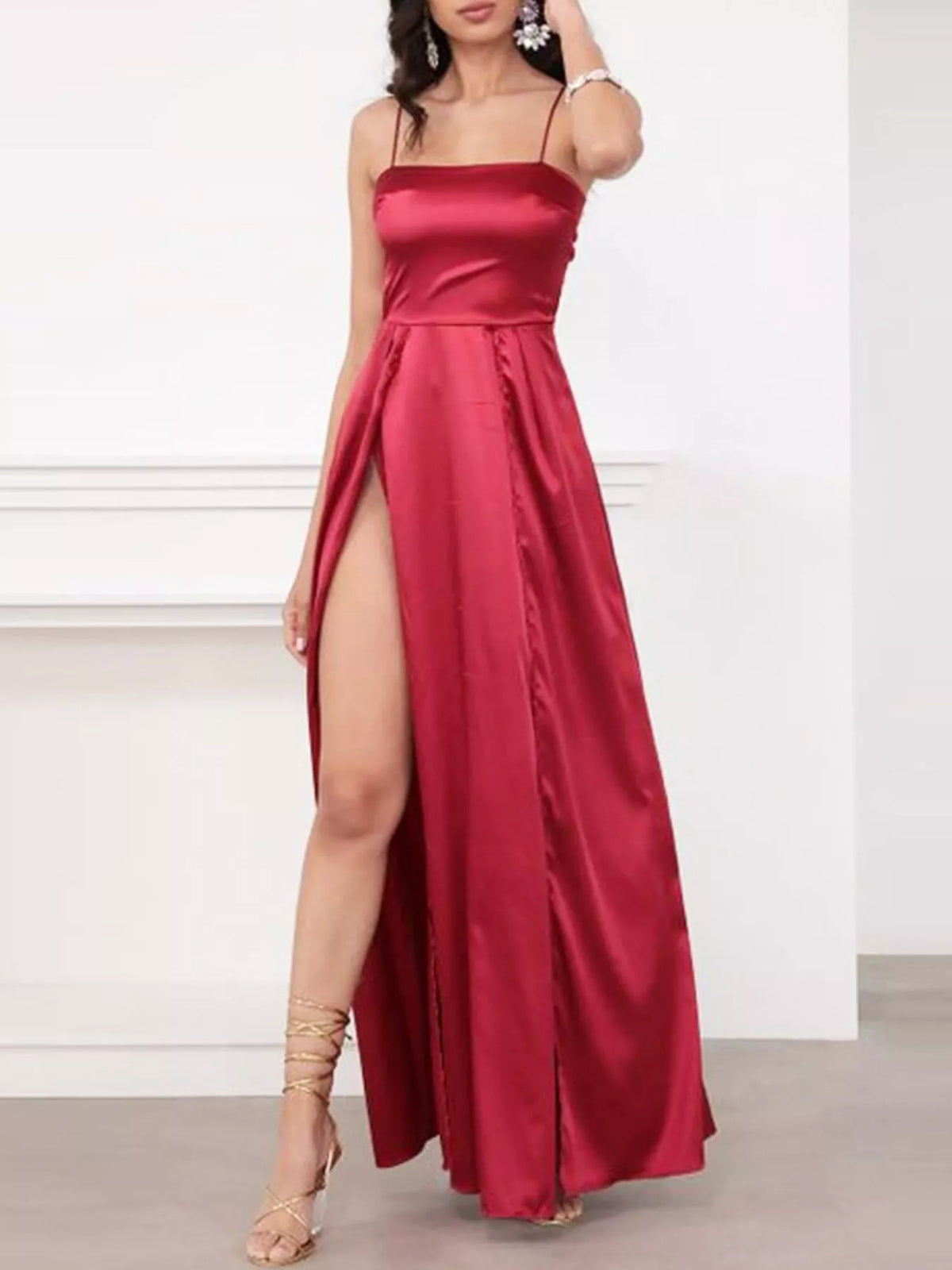 Tied Spaghetti Strap High-Slit Maxi Dress