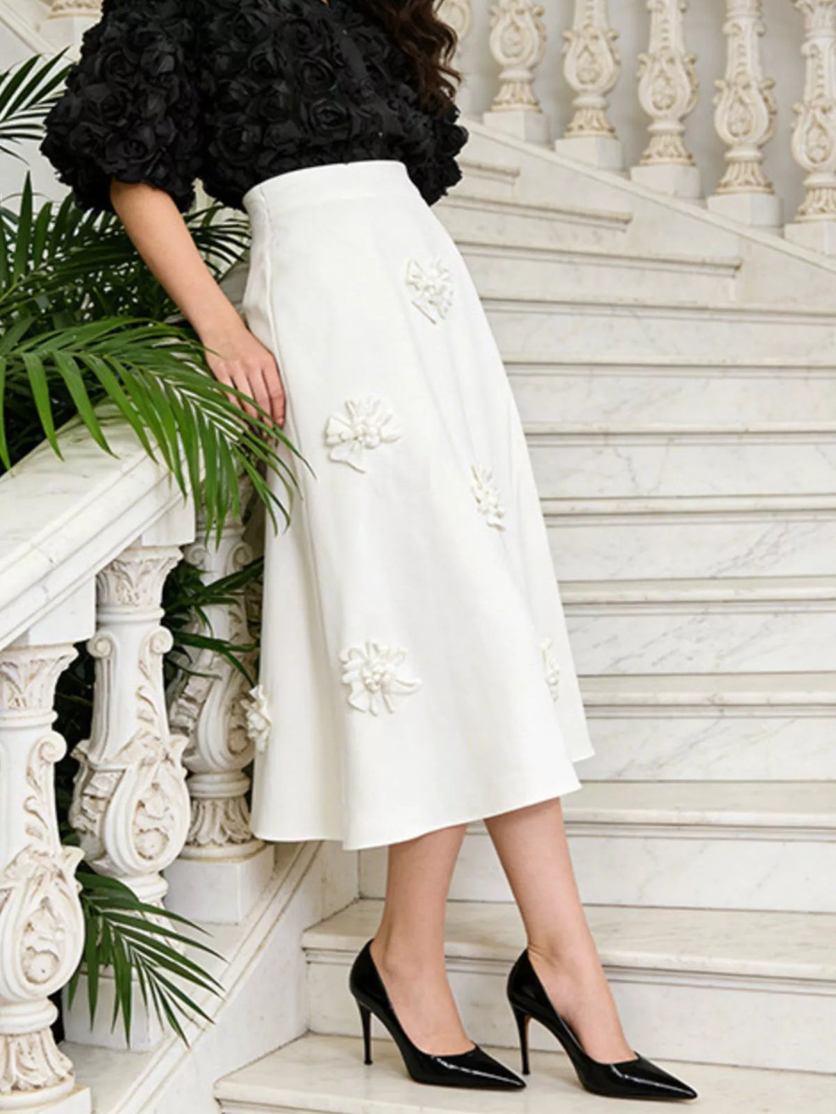 Floral Embellished Midi Skirt in White