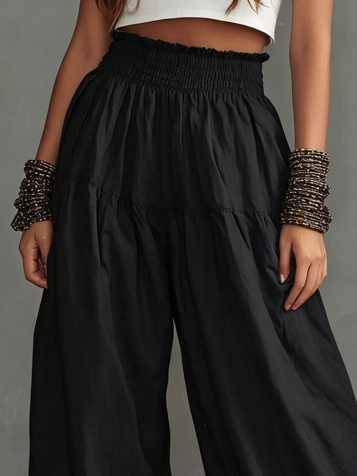 Smocked Ruffle Hem Wide Leg Pants