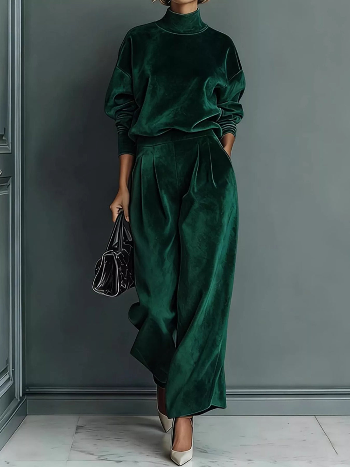 Velvet Mock Neck Top and Wide-Leg Pants Set