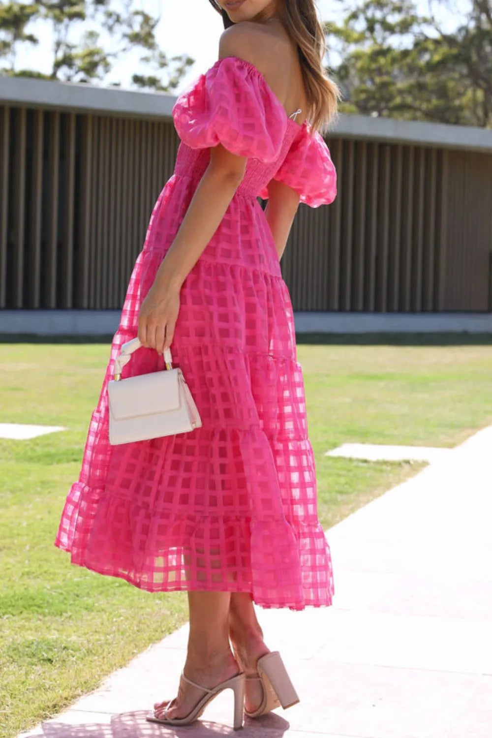 Off Shoulder Puff Sleeve Midi Dress