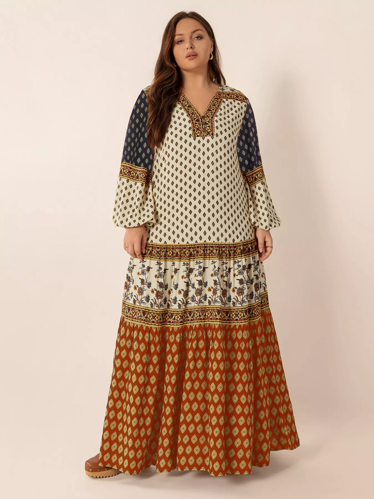 Notched Balloon-Sleeve Maxi Dress in Caramel