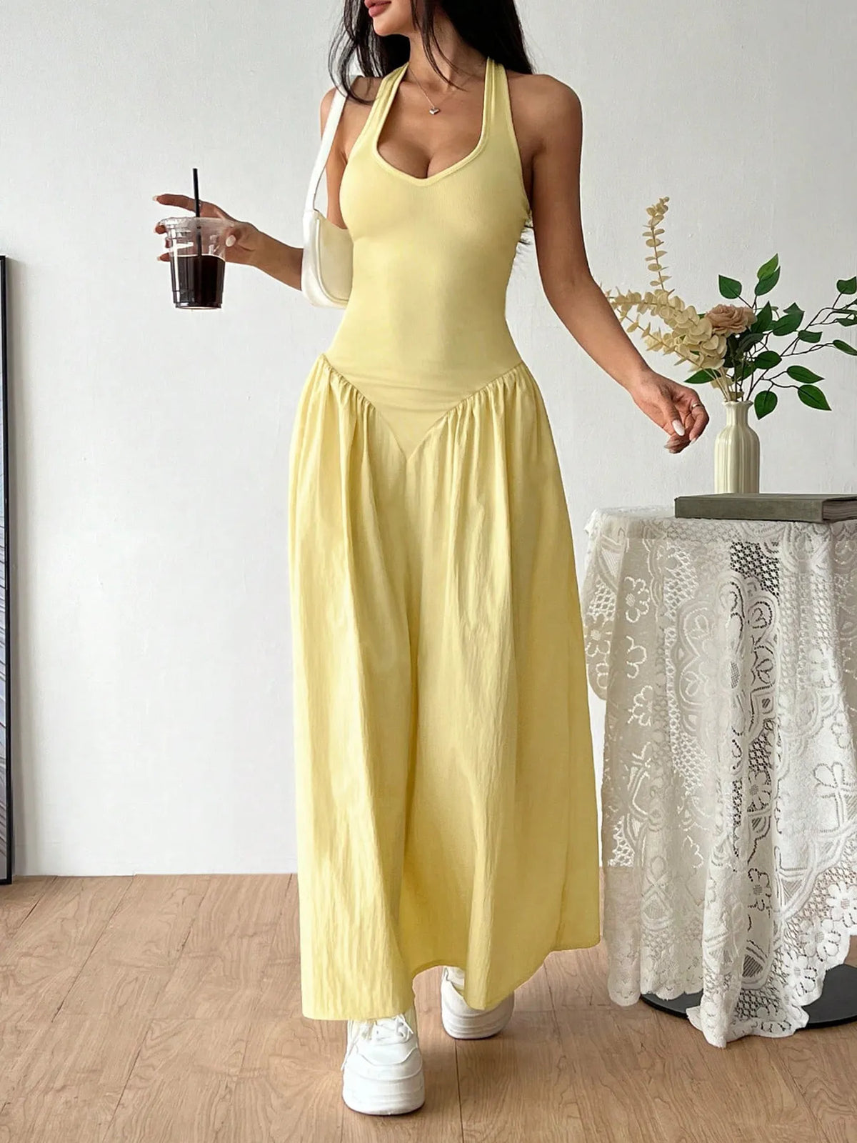 Halter Neck Maxi Dress in Light Yellow