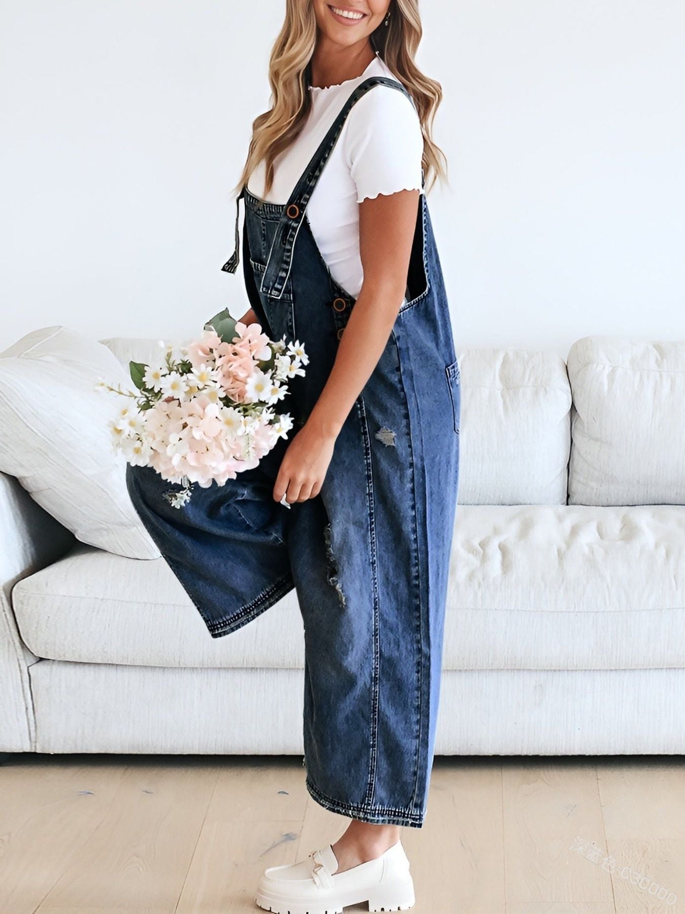 Distressed Wide Leg Denim Overalls by Dreamy Drapes