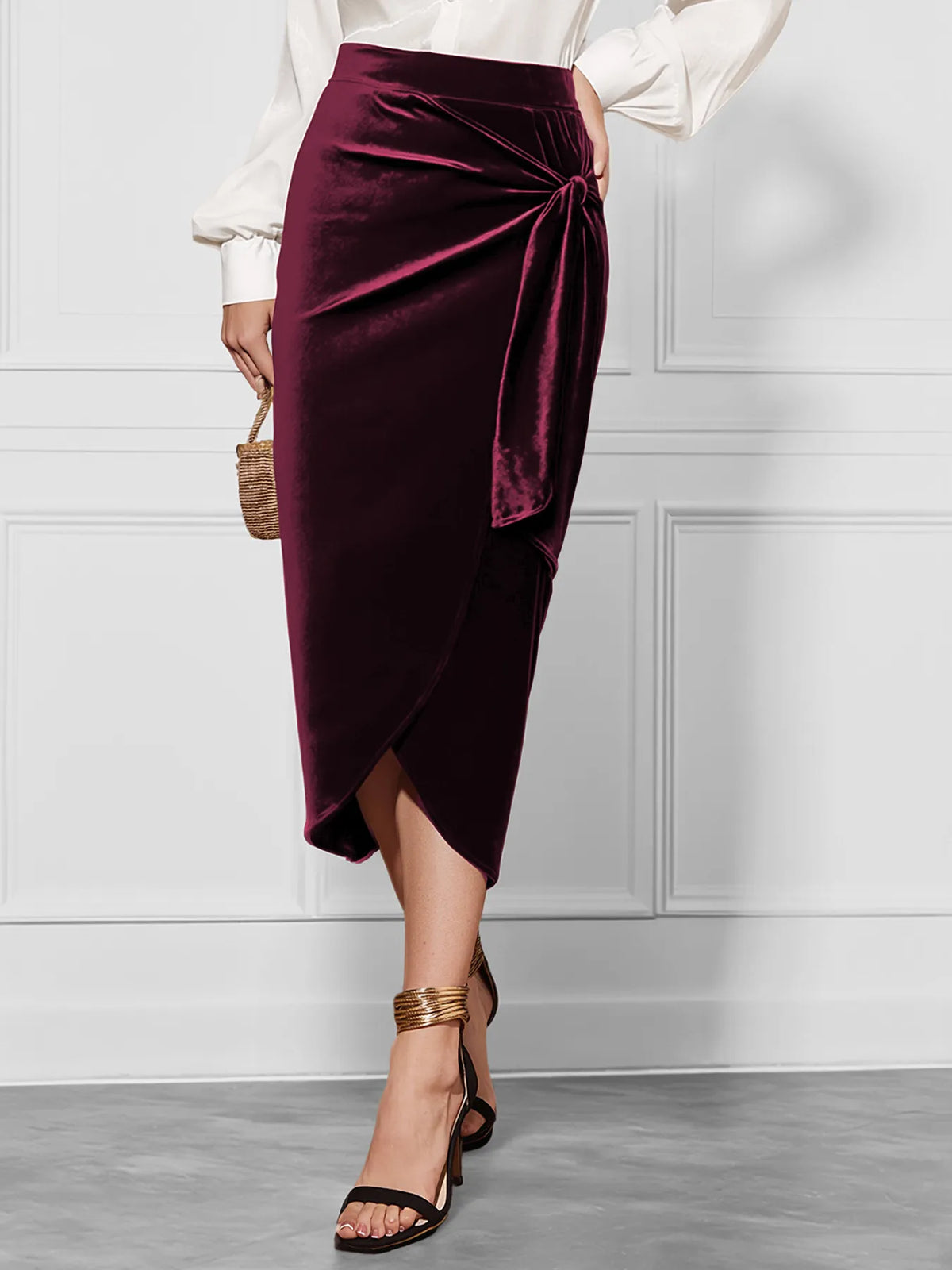 Side-Tied Velvet Skirt in Burgundy