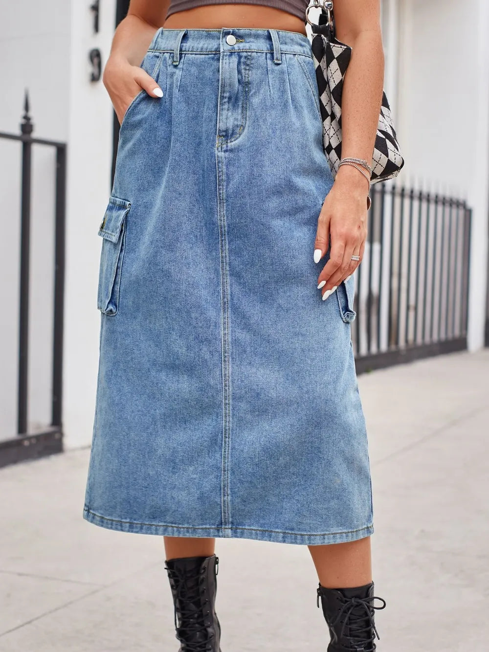 Slit Buttoned Denim Skirt with Pockets by Manny