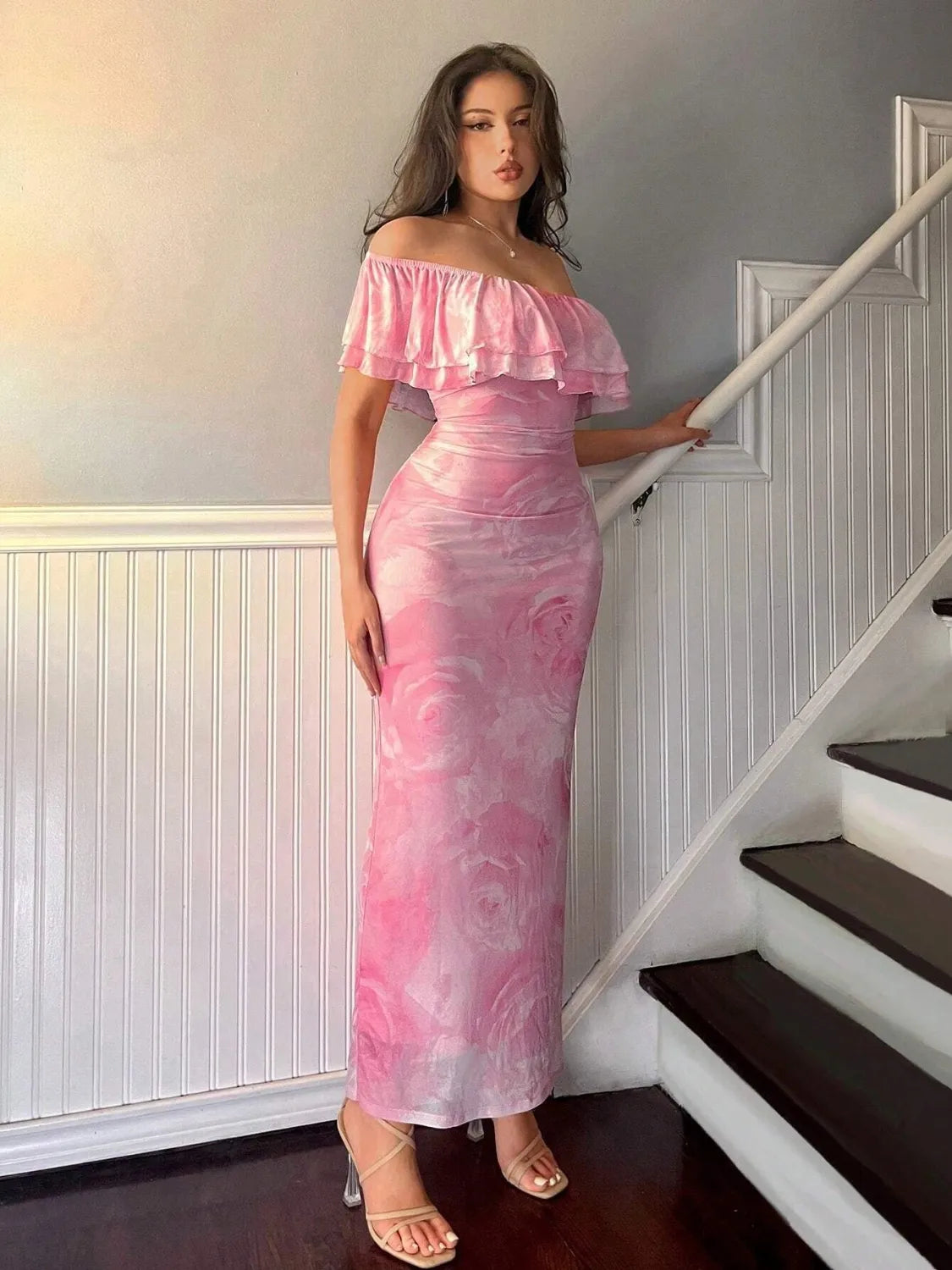 Layered Ruffled Off-Shoulder Dress in Pink