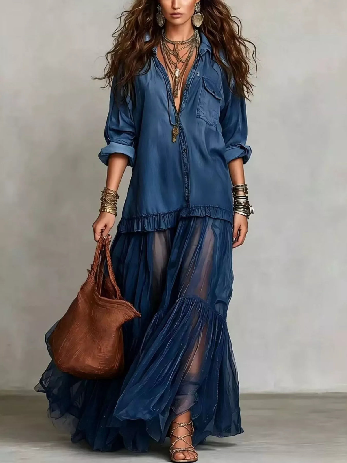 Ruffled Long Sleeve Sheer Maxi Dress