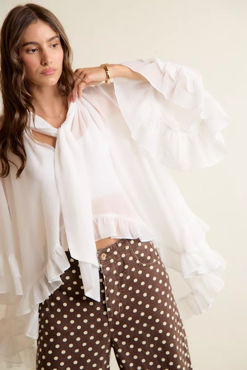 So Me Sheer Ruffle Bell-Sleeve Blouse in White