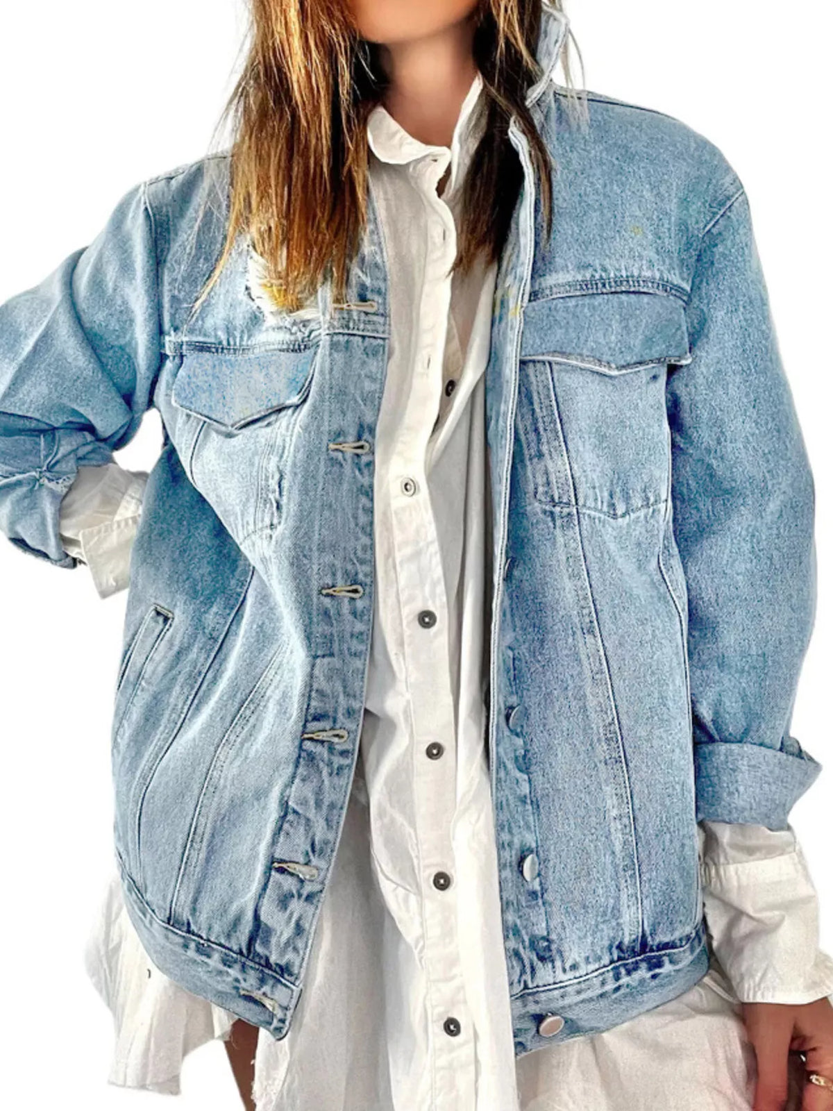 Heart & Umbrella Graphic Denim Jacket in Light Blue