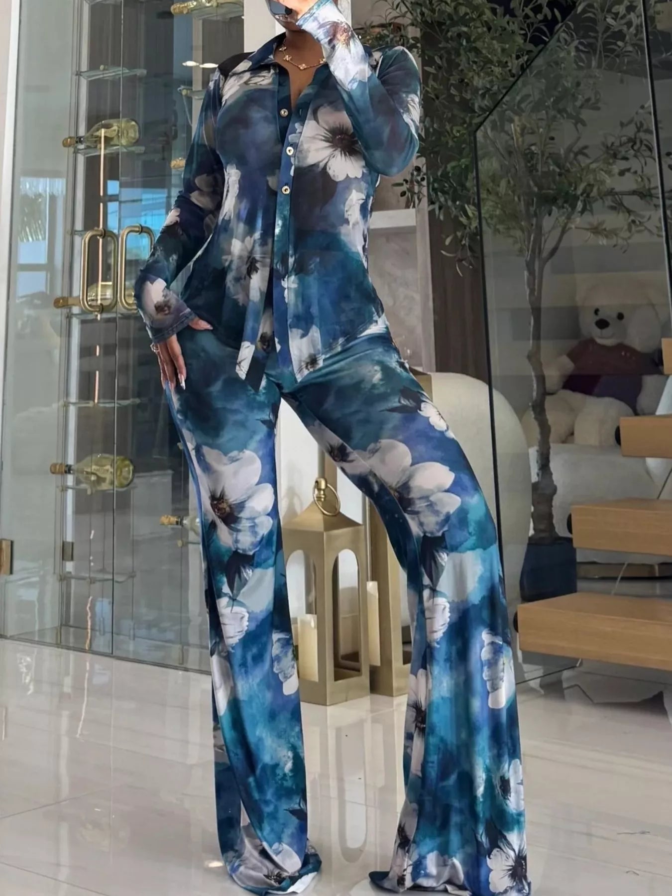 Printed Mesh Shirt and Pants Set