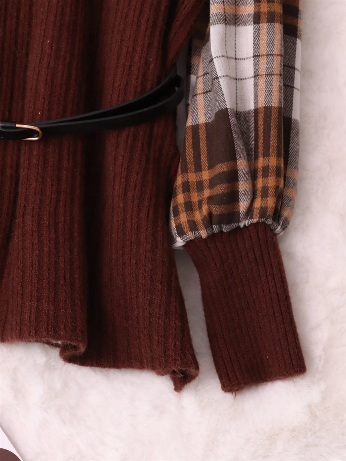 Plaid Long Sleeve Belted Sweater Dress