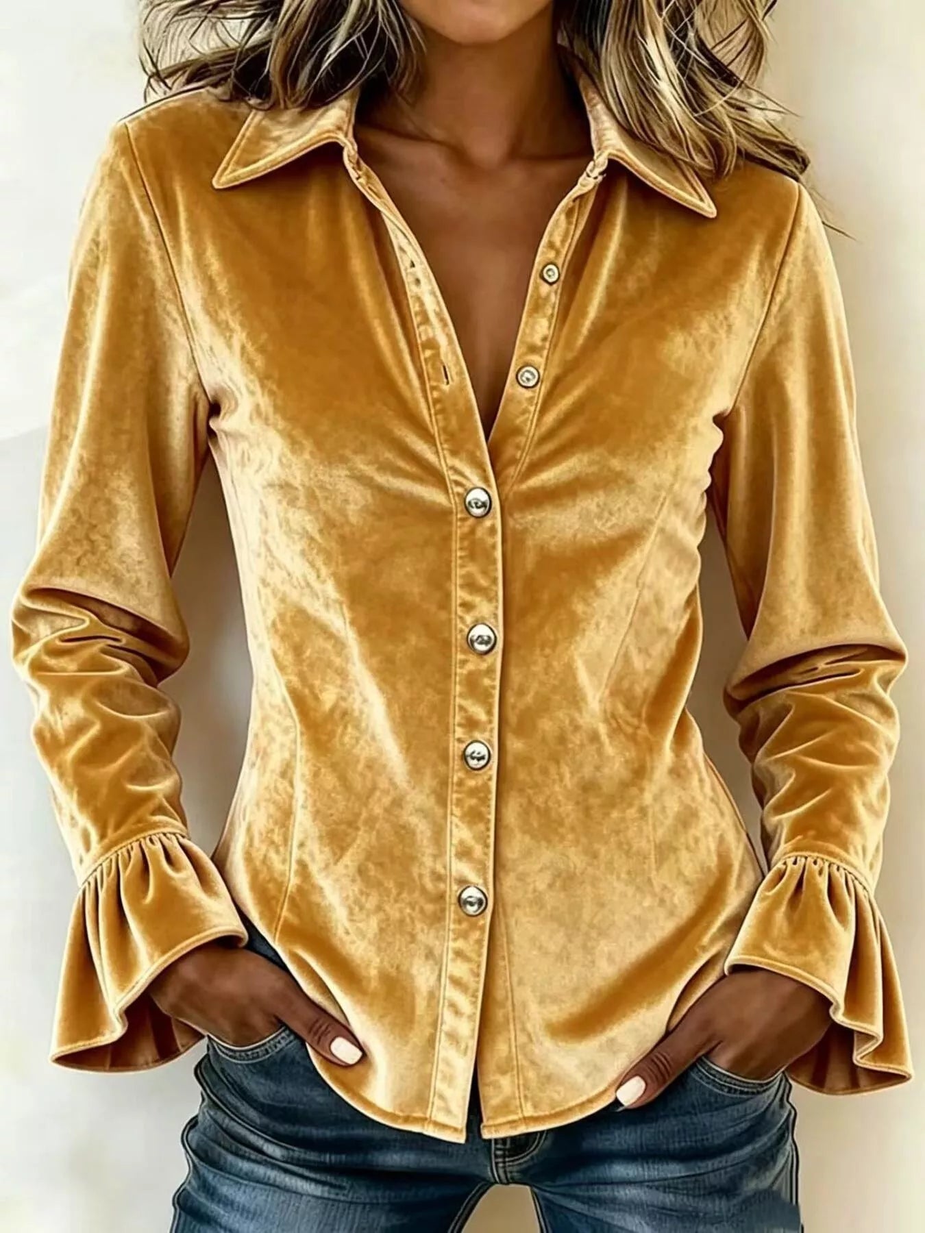 Button-Up Flounce Sleeve Shirt