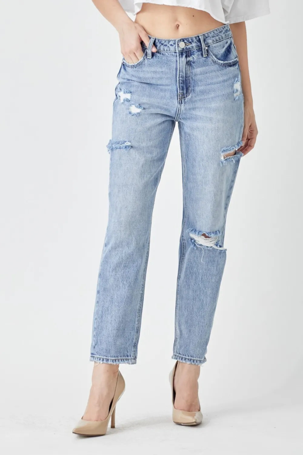 Risen Washed Distressed Slim Cropped Jeans in Medium